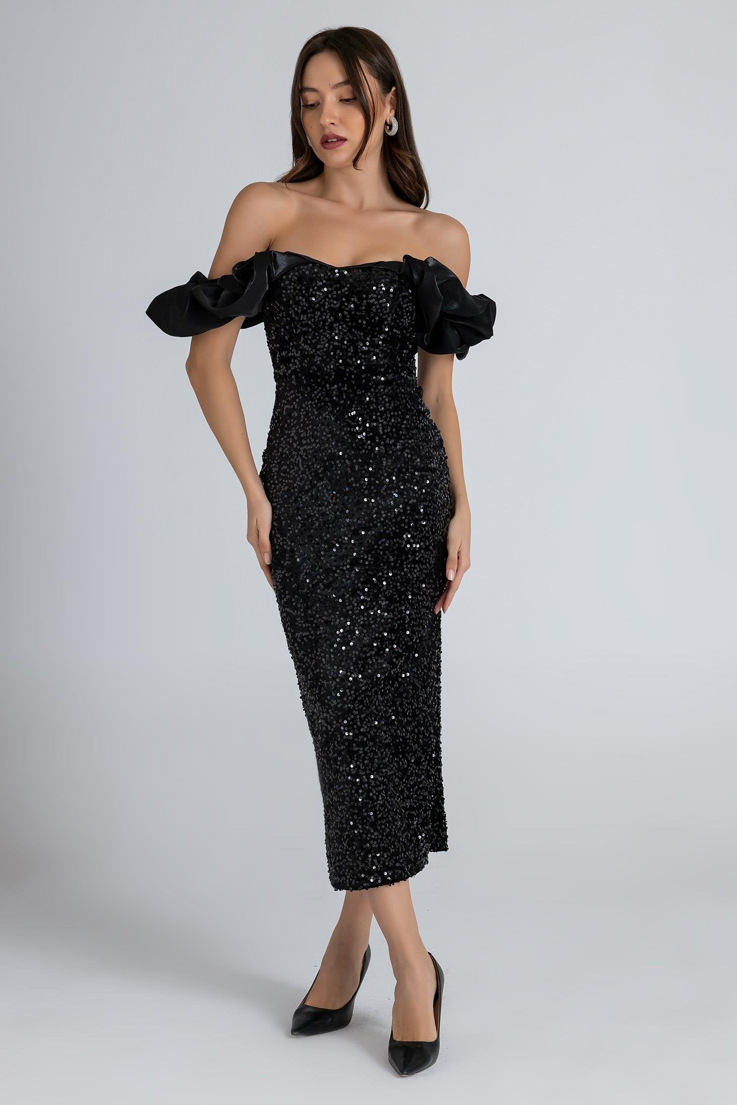 Sequined Pencil Dress - BLACK