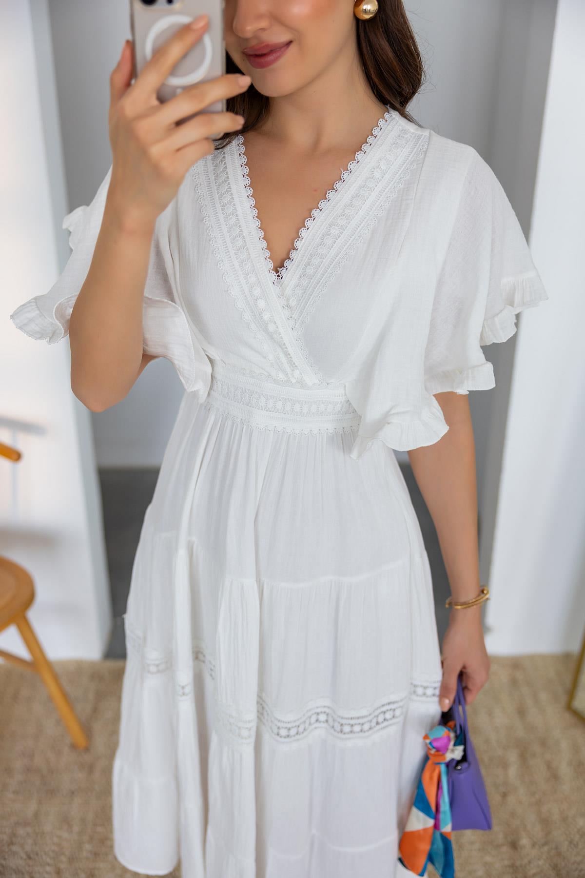 Sleeve Flounce Muslin Dress - WHITE