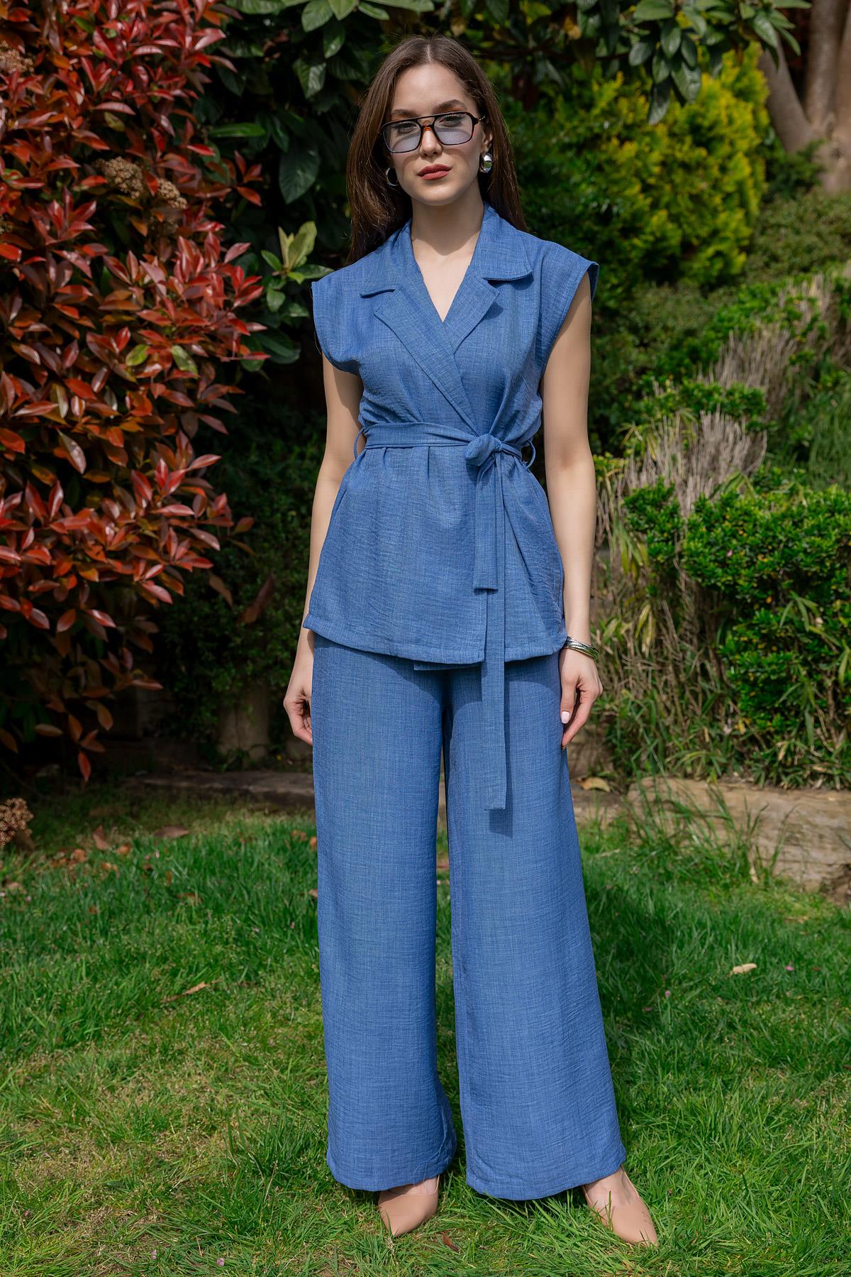 Belted Vest Trouser Set - BLUE