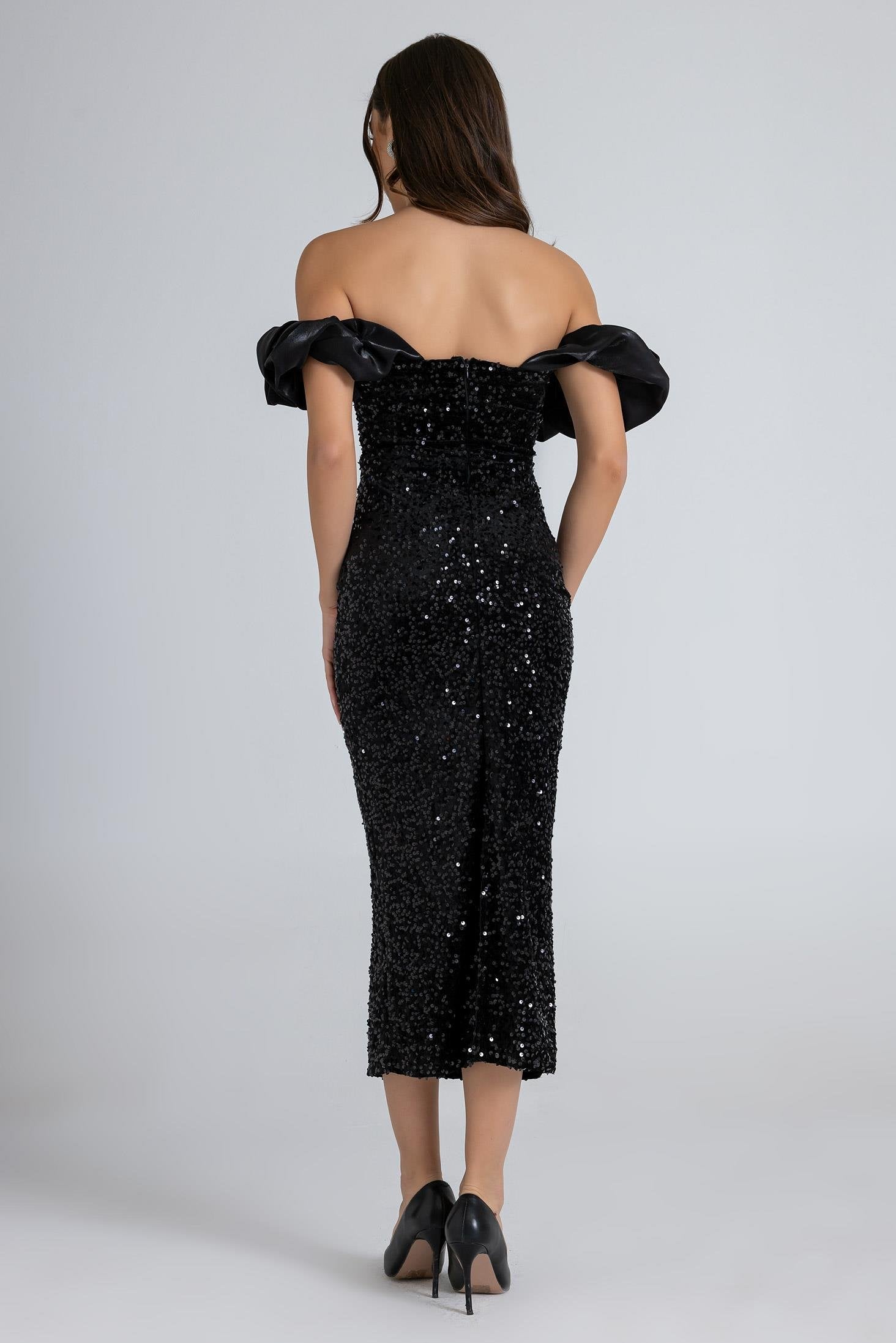 Sequined Pencil Dress - BLACK