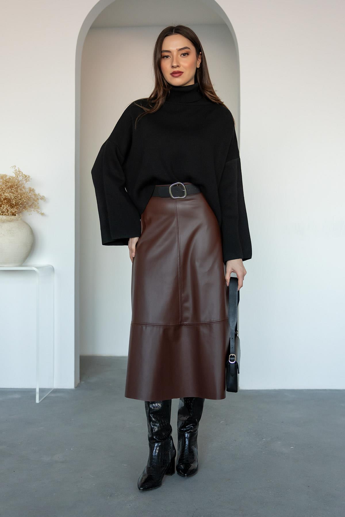 Belted Leather Long Skirt - TABA