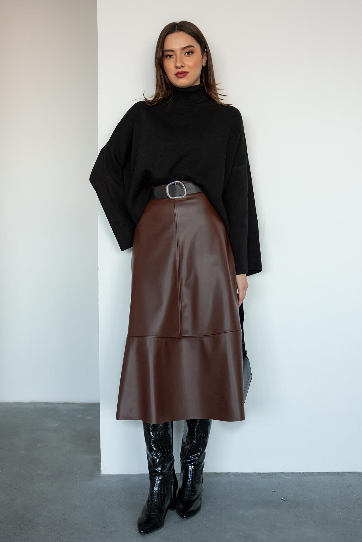 Belted Leather Long Skirt - TABA