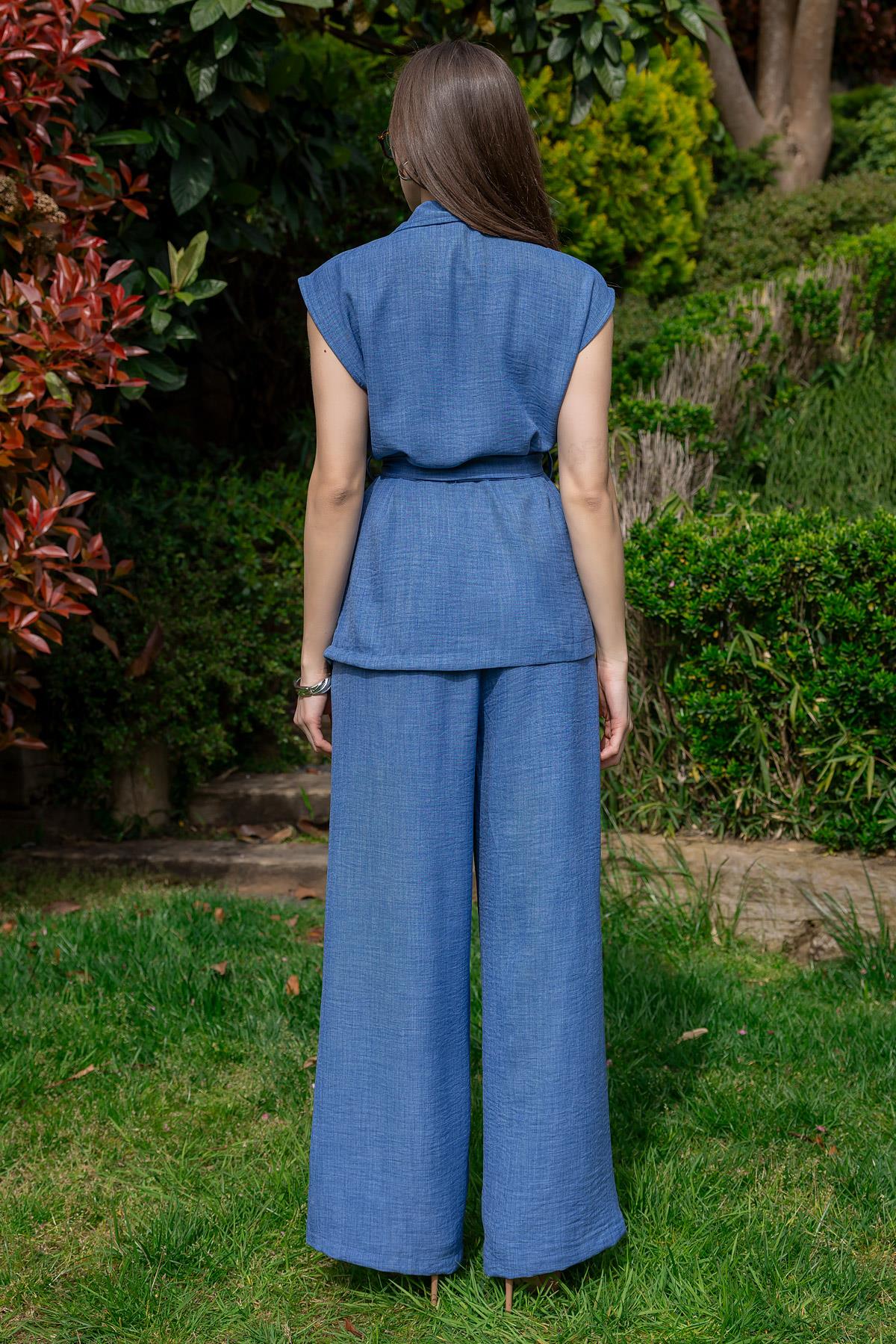 Belted Vest Trouser Set - BLUE