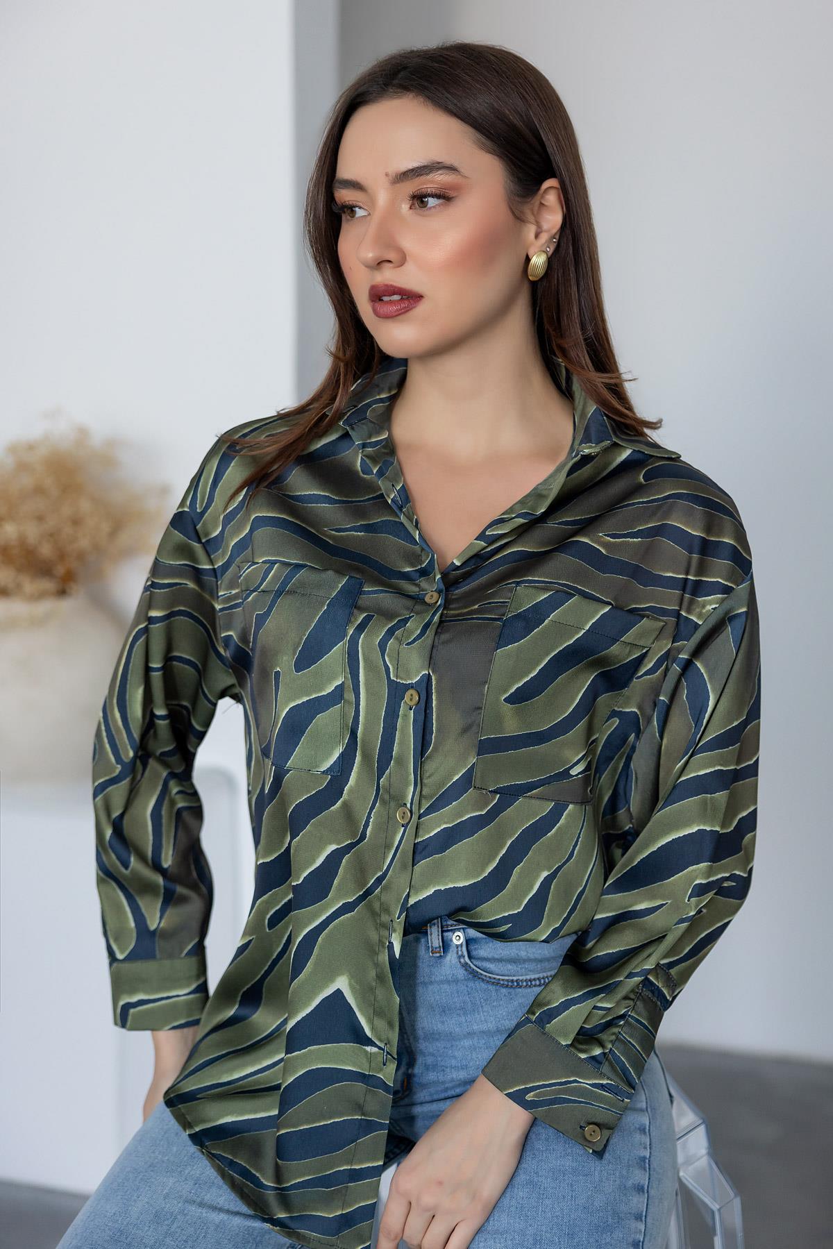 Zebra Patterned Satin Shirt - DARK GREEN