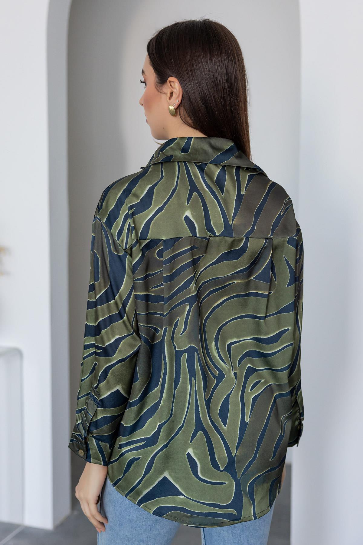 Zebra Patterned Satin Shirt - DARK GREEN