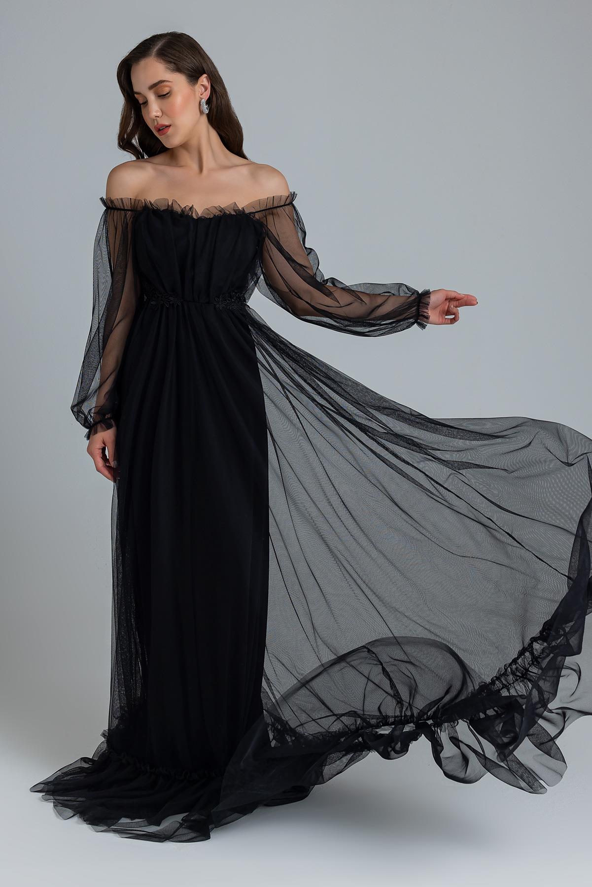 Guipure Detailed Tulle Evening Dress - BLACK
