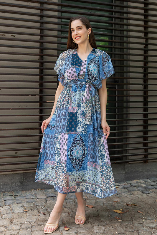 Ethnic Pattern Belted Dress - BLUE