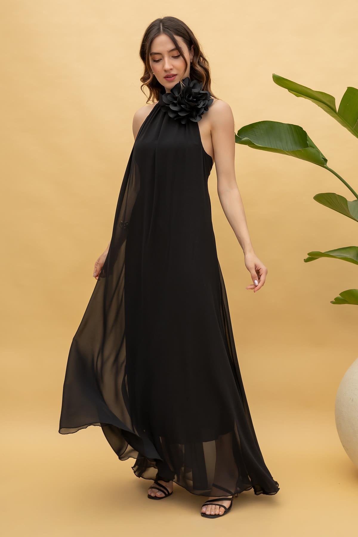 Rose Design Dress - BLACK
