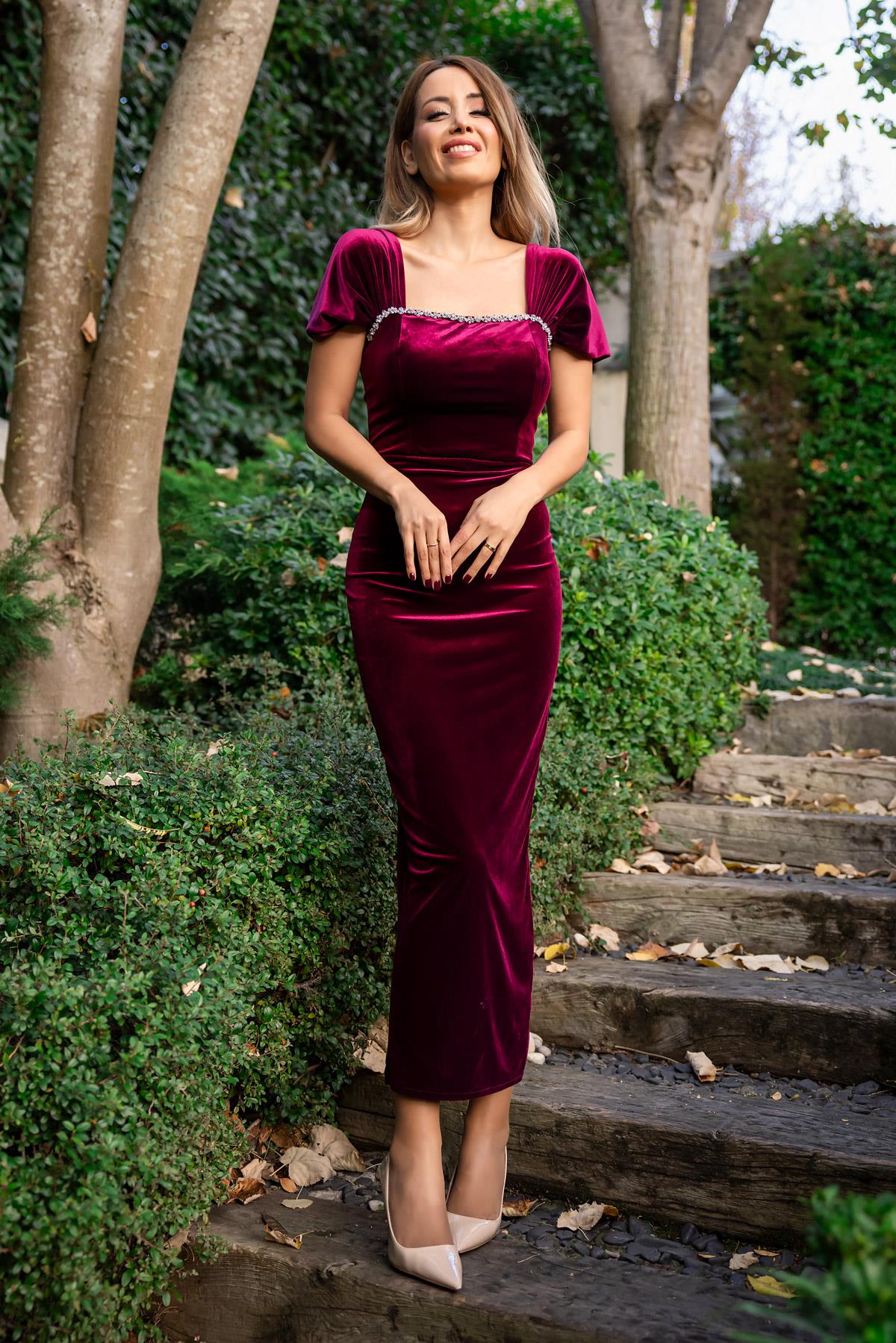 Velvet Evening Dress with Chest Stone - DAMSON