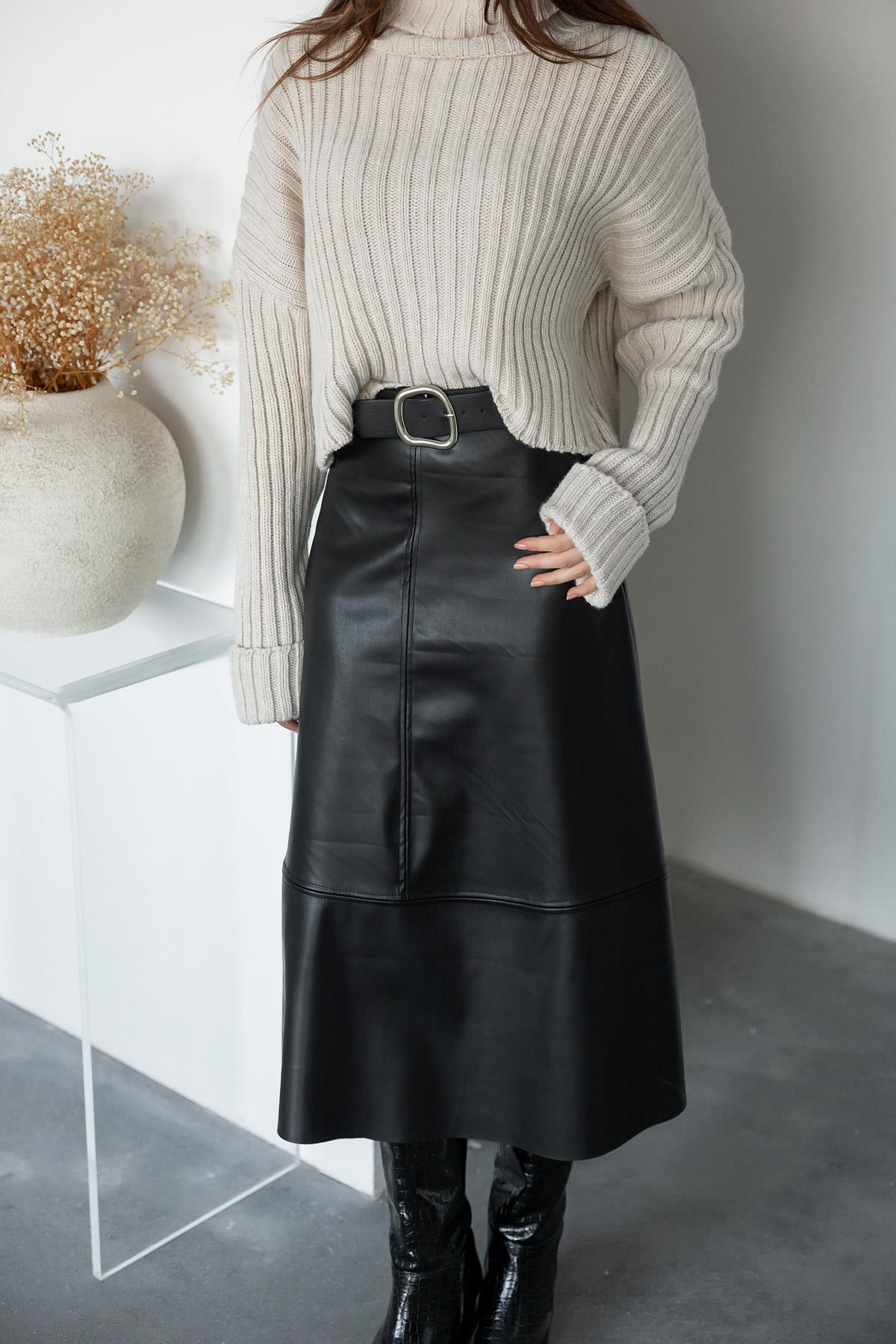 Belted Leather Long Skirt - BLACK