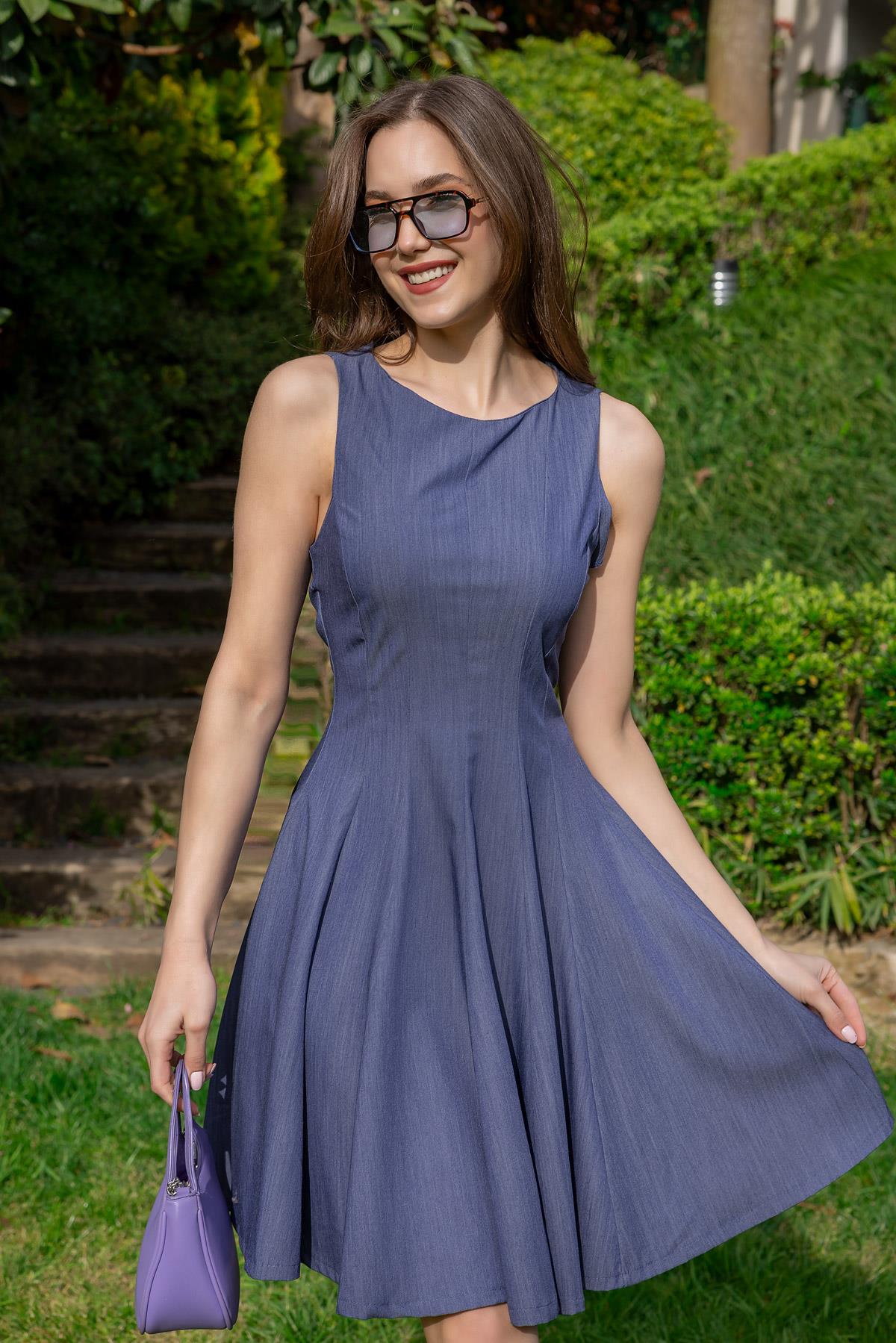 Zero Sleeve Flared Dress - DARK BLUE
