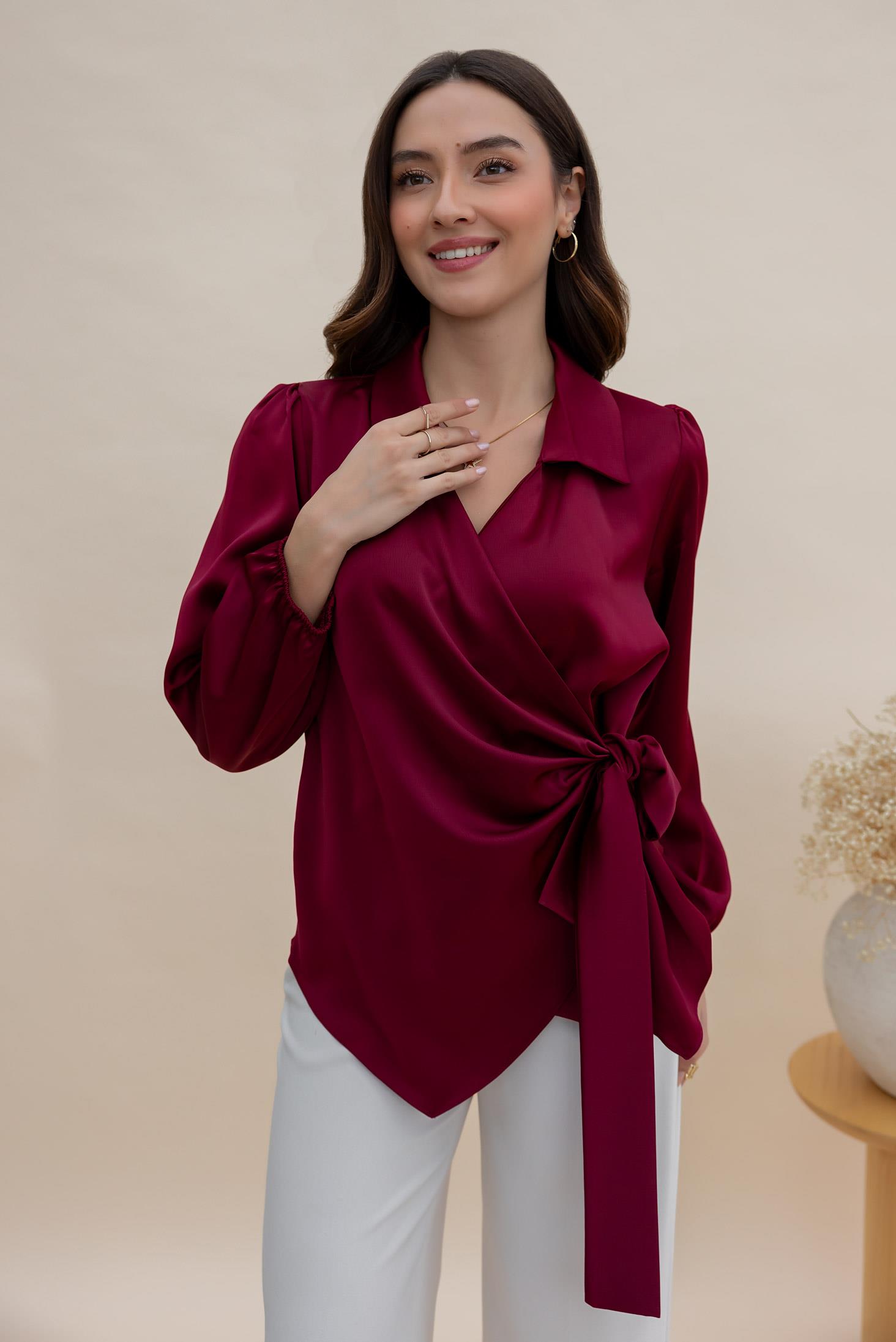 Satin Tied Blouse - CLARET RED