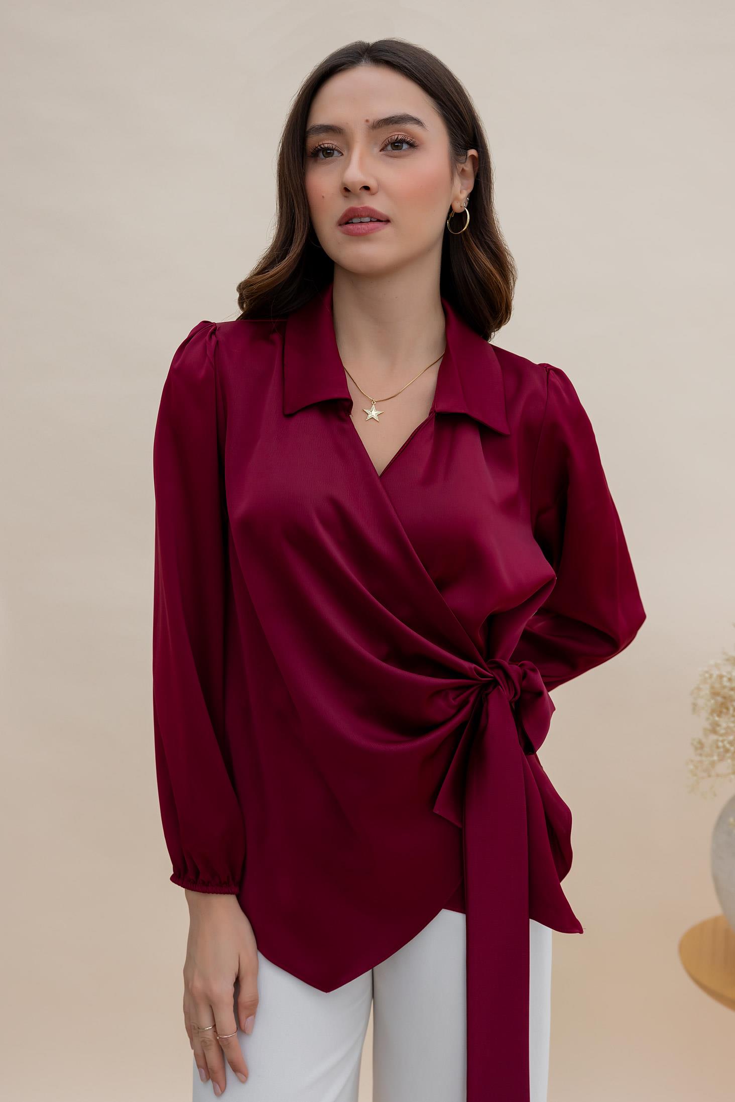 Satin Tied Blouse - CLARET RED