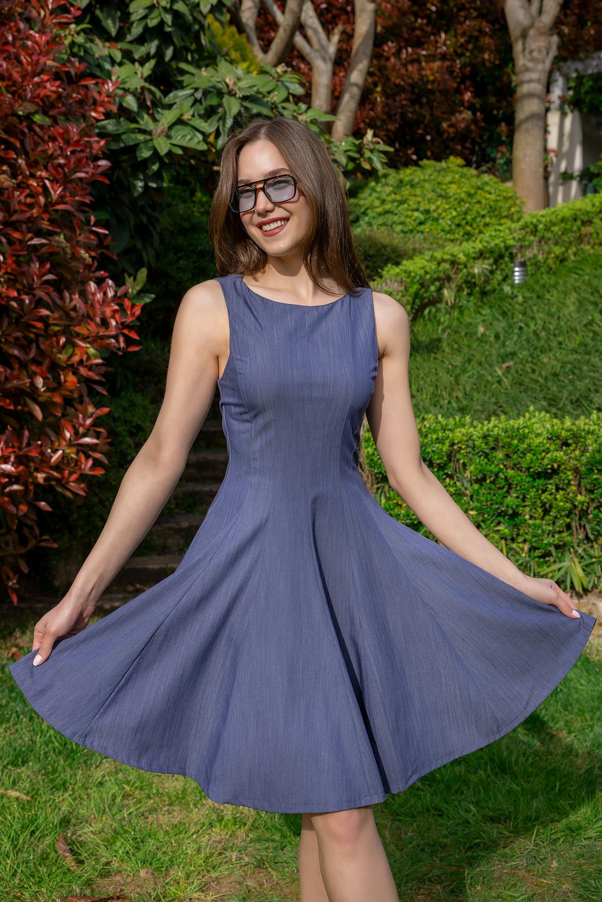 Zero Sleeve Flared Dress - DARK BLUE