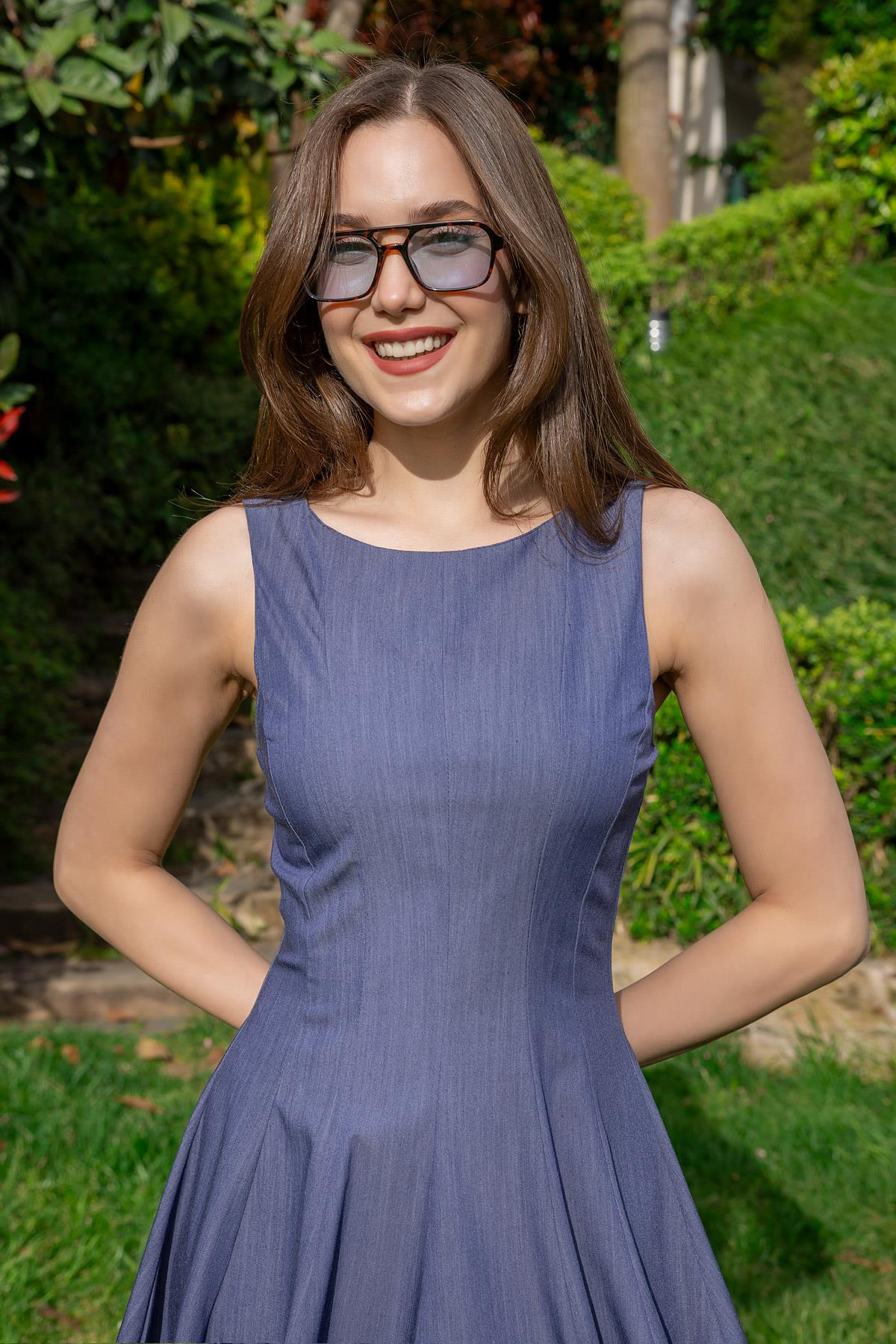 Zero Sleeve Flared Dress - DARK BLUE