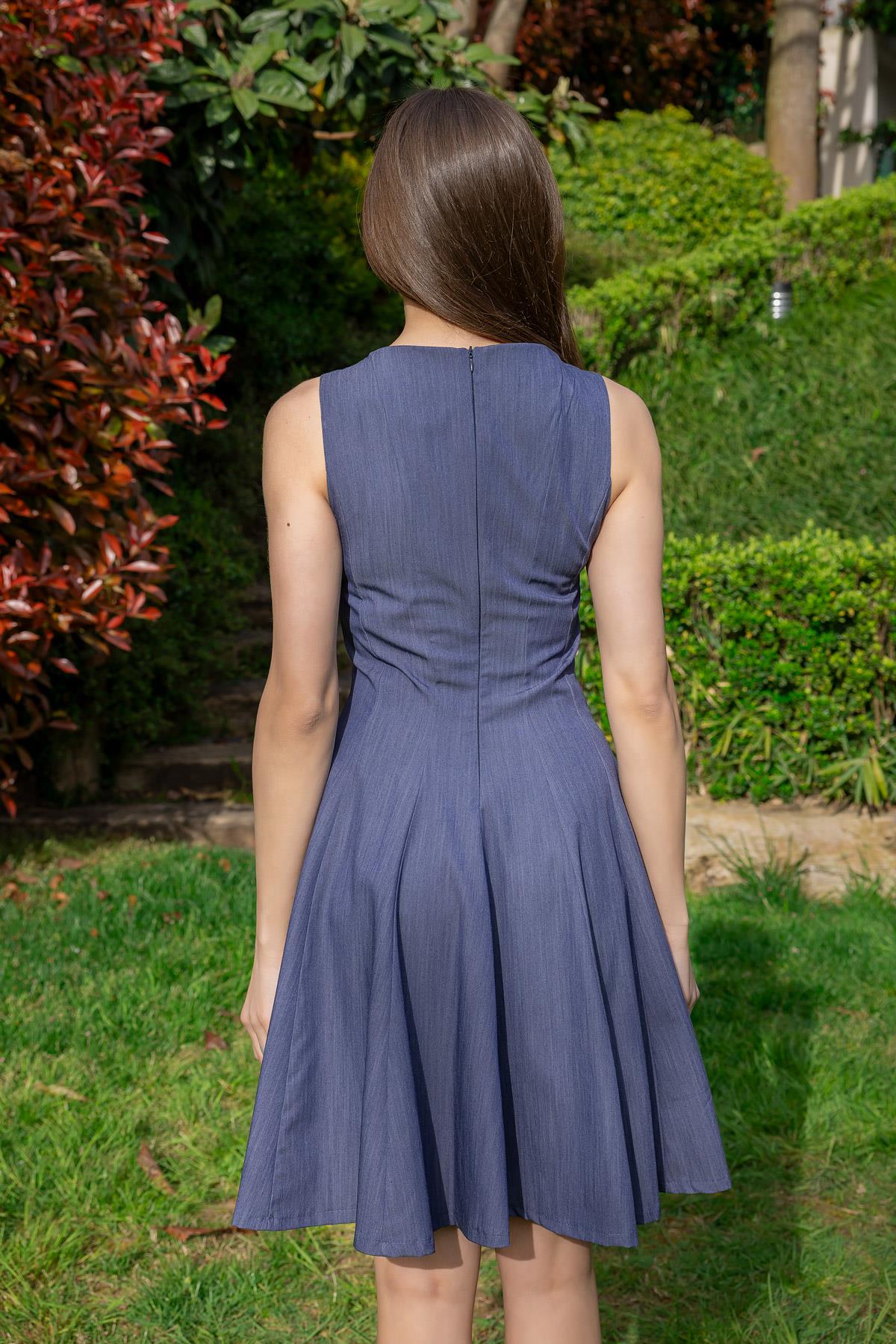 Zero Sleeve Flared Dress - DARK BLUE