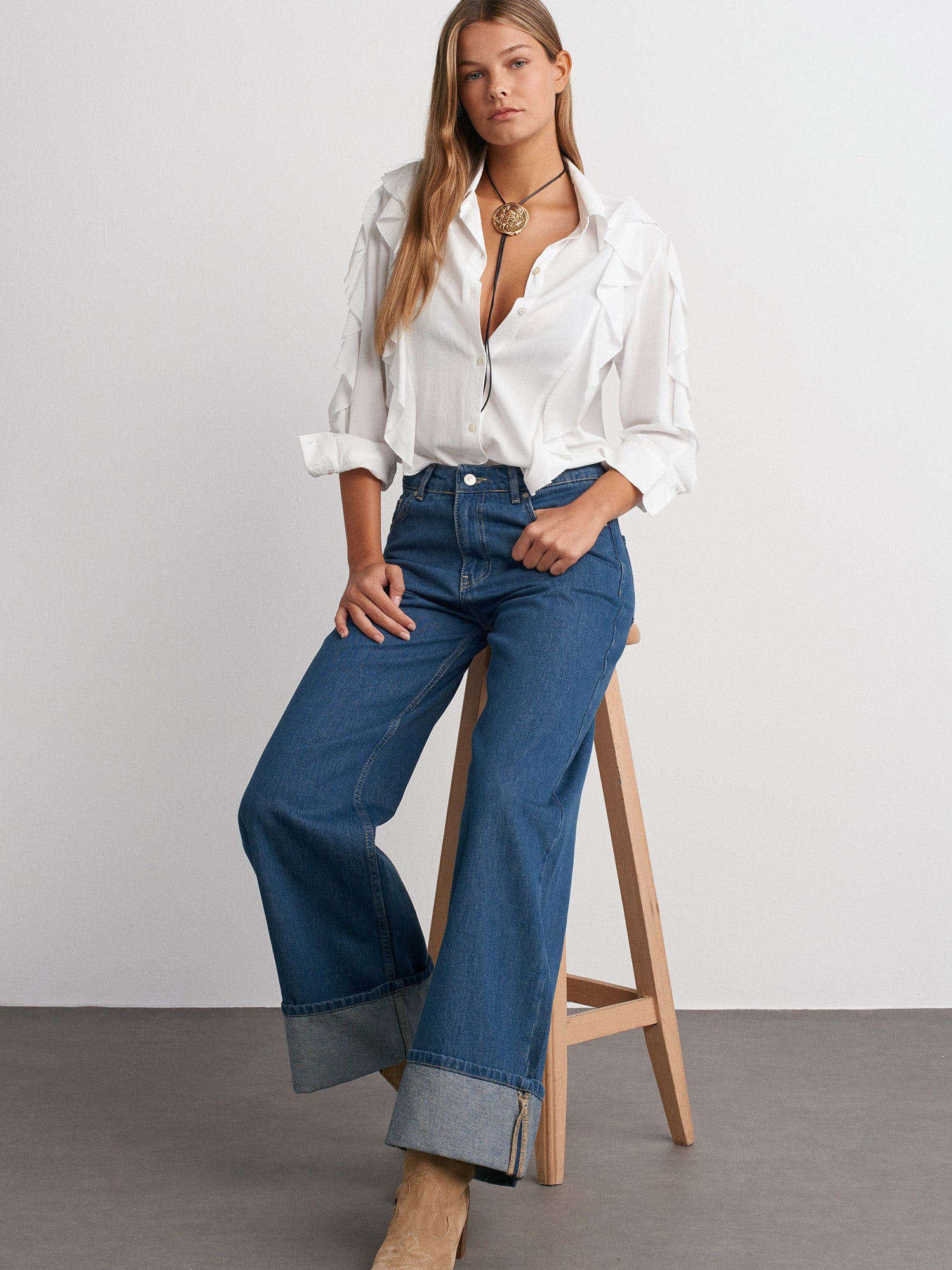 Blue Wide Cut Denim Trousers with Turned Legs