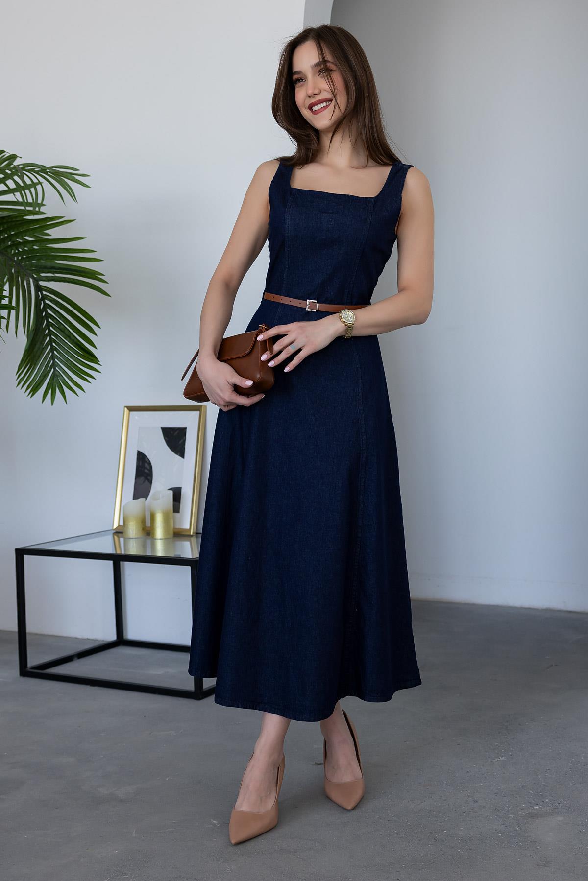 Belted Denim Dress - NAVY BLUE