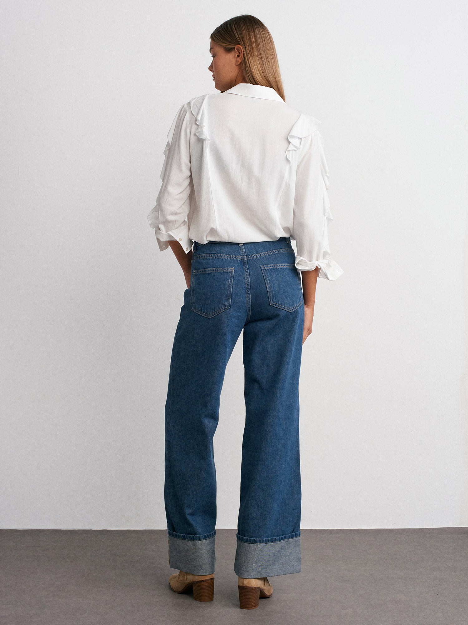 Blue Wide Cut Denim Trousers with Turned Legs