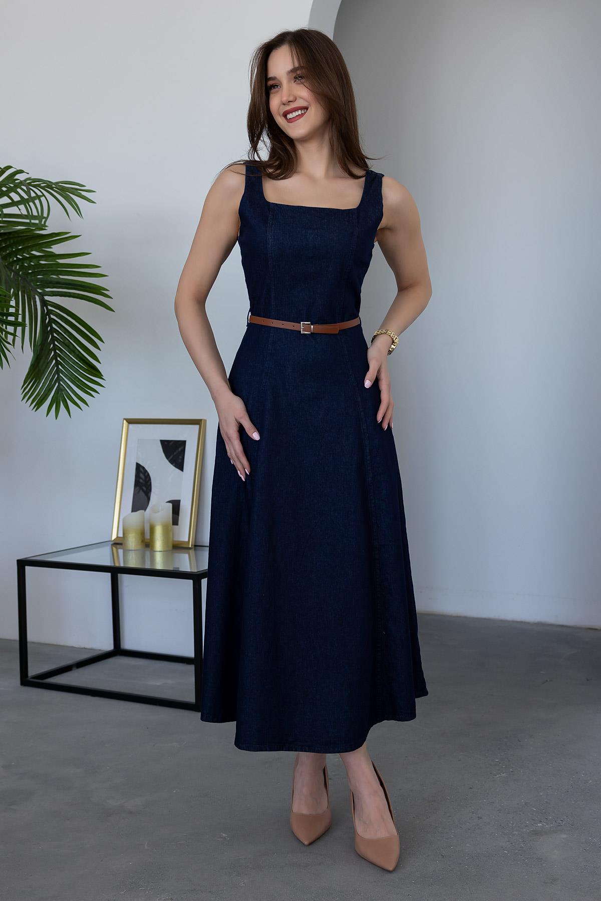 Belted Denim Dress - NAVY BLUE