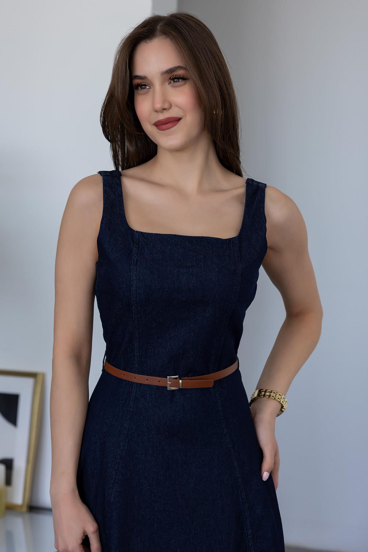 Belted Denim Dress - NAVY BLUE
