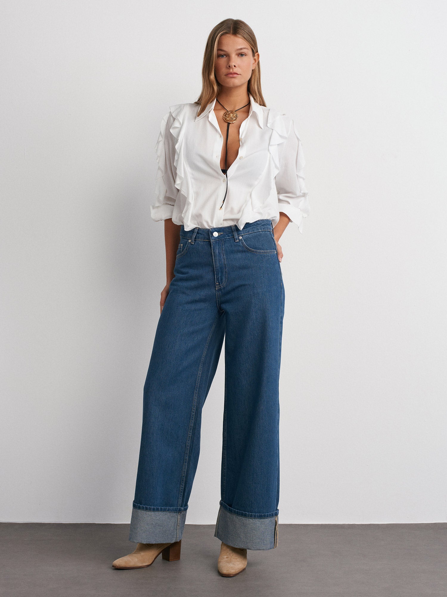 Blue Wide Cut Denim Trousers with Turned Legs