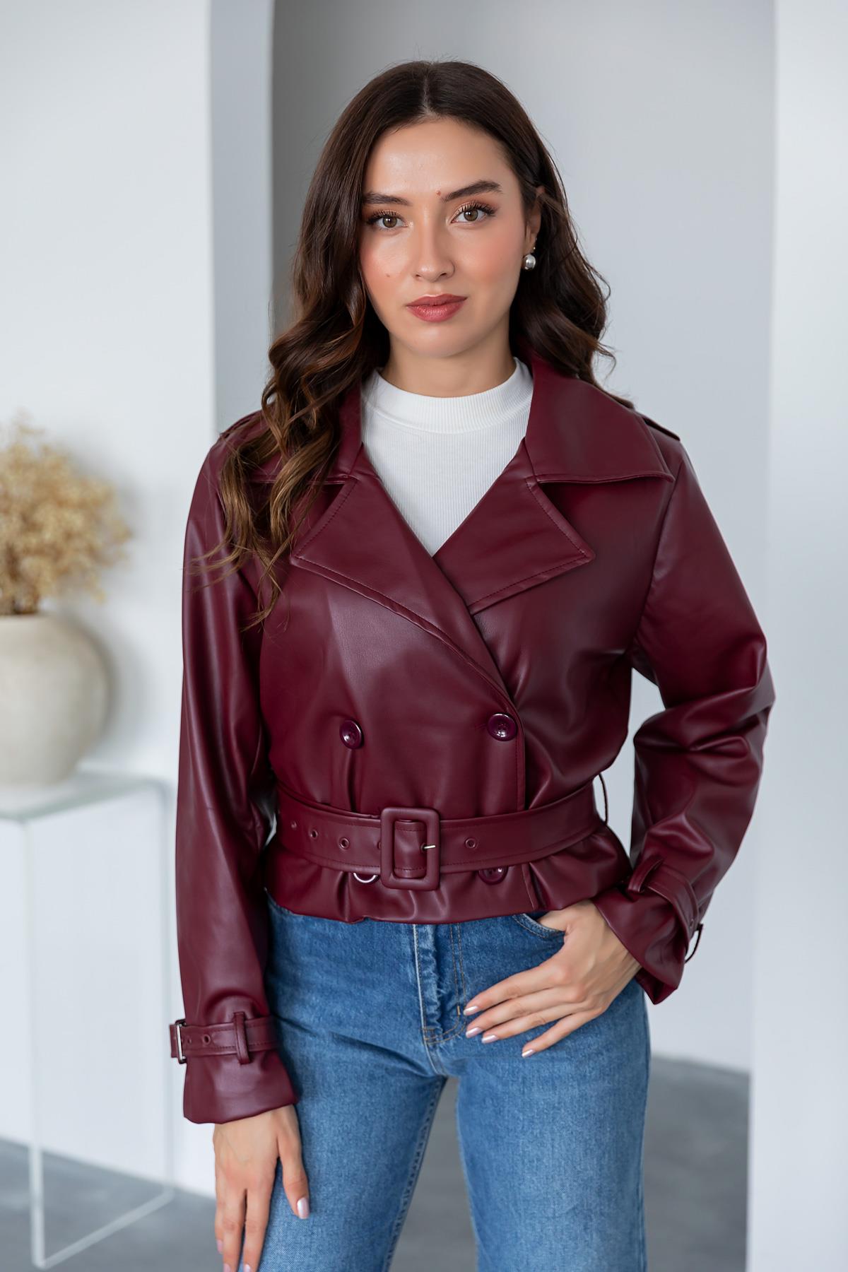 Short Leather Jacket - CLARET