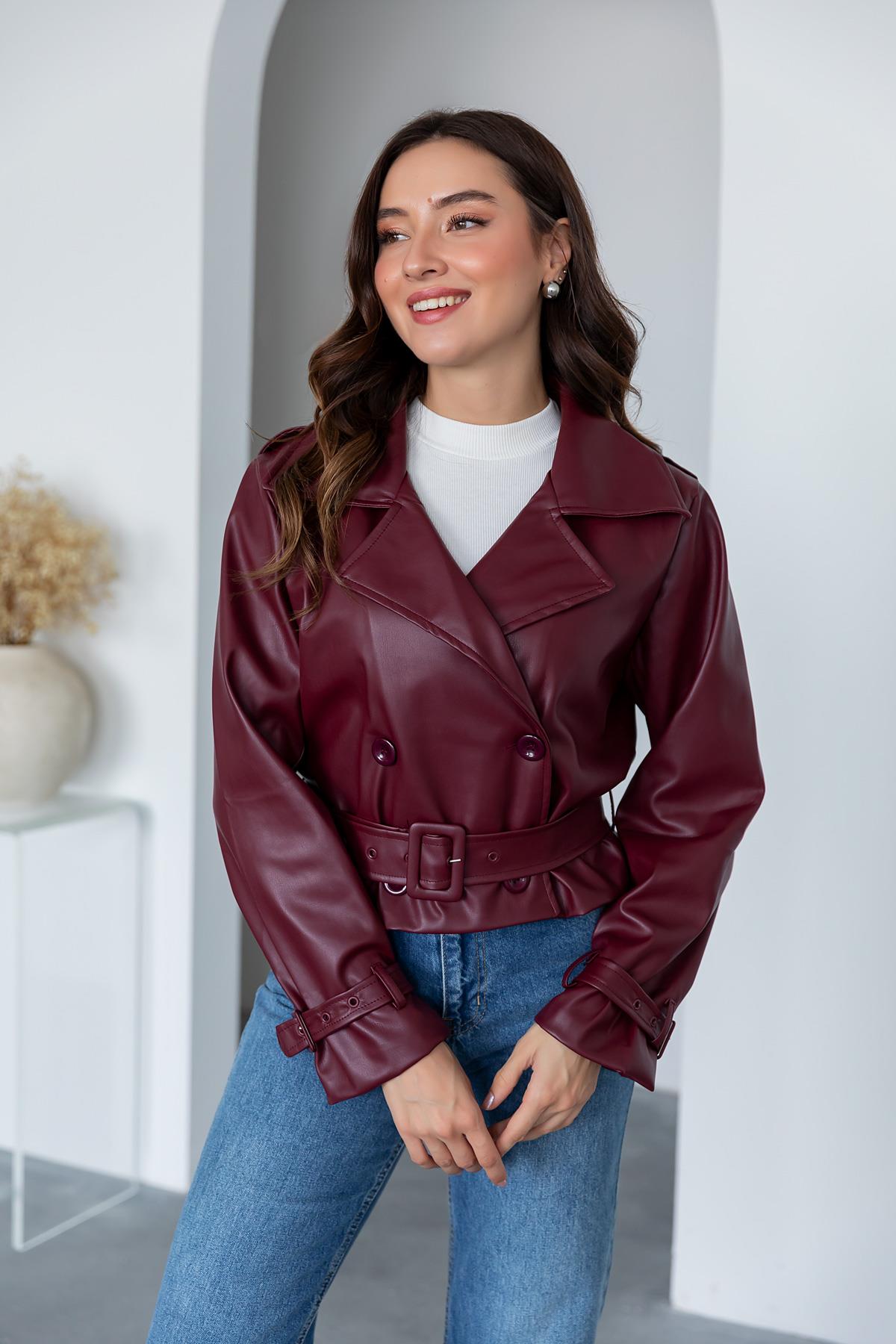 Short Leather Jacket - CLARET