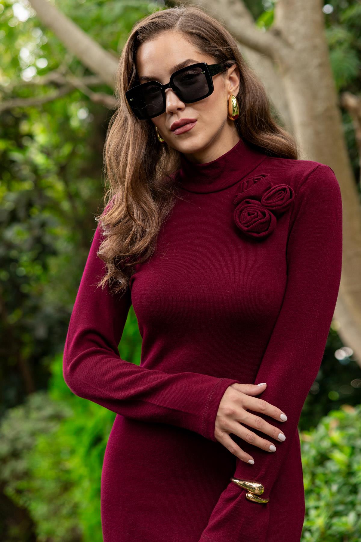 Rose Detail Knit Dress - Dark red