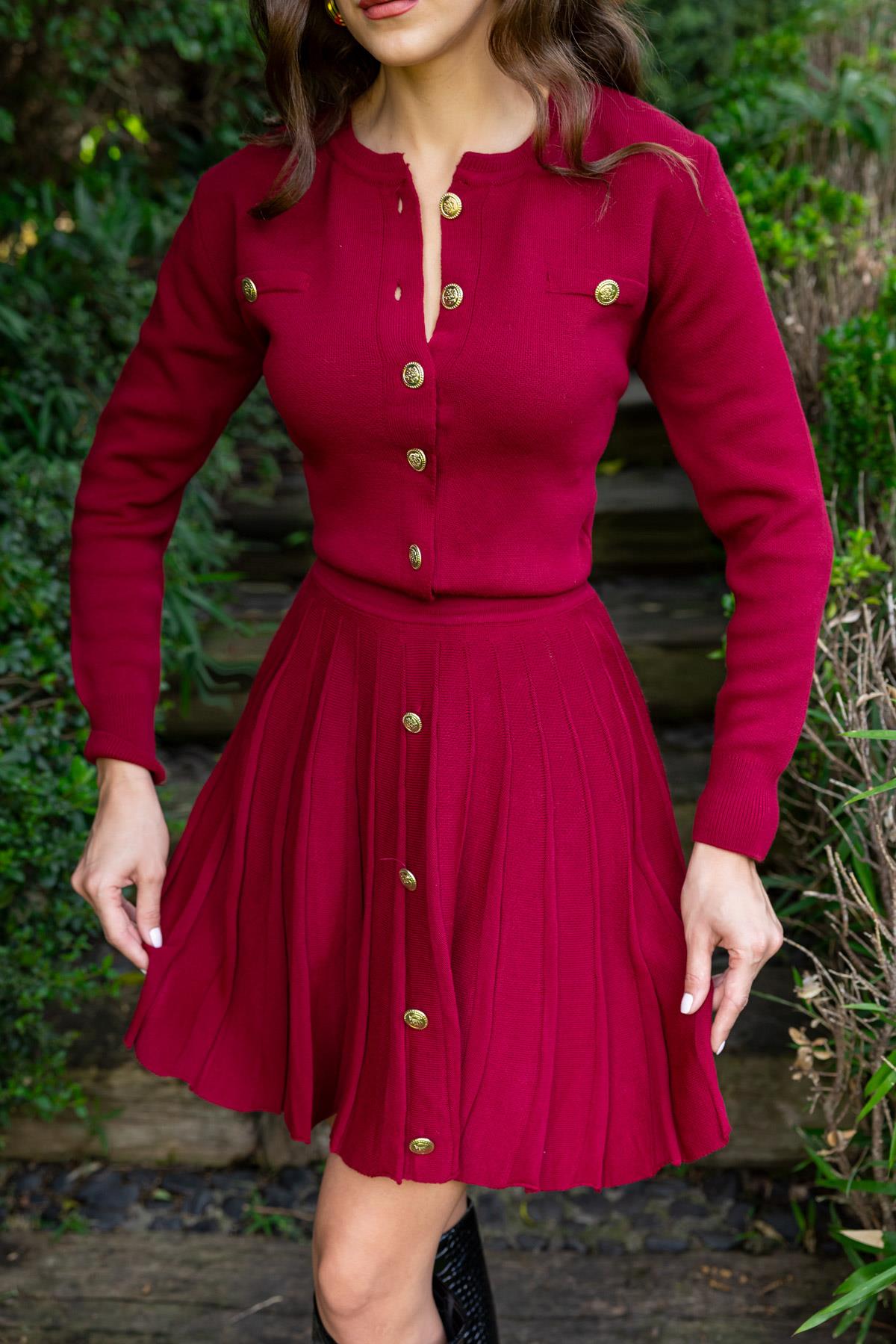 Skirted Knitwear Set - Dark red