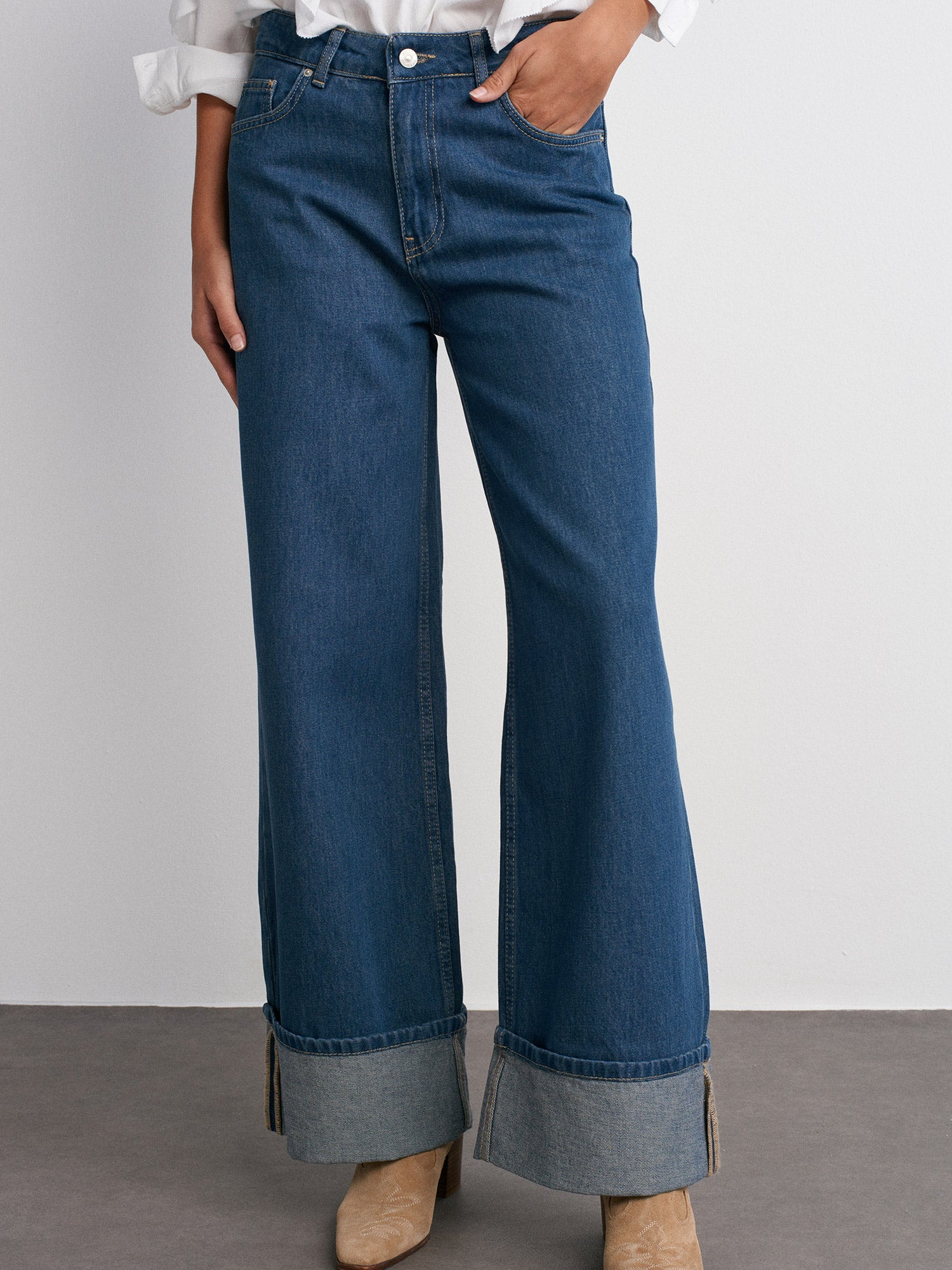 Blue Wide Cut Denim Trousers with Turned Legs