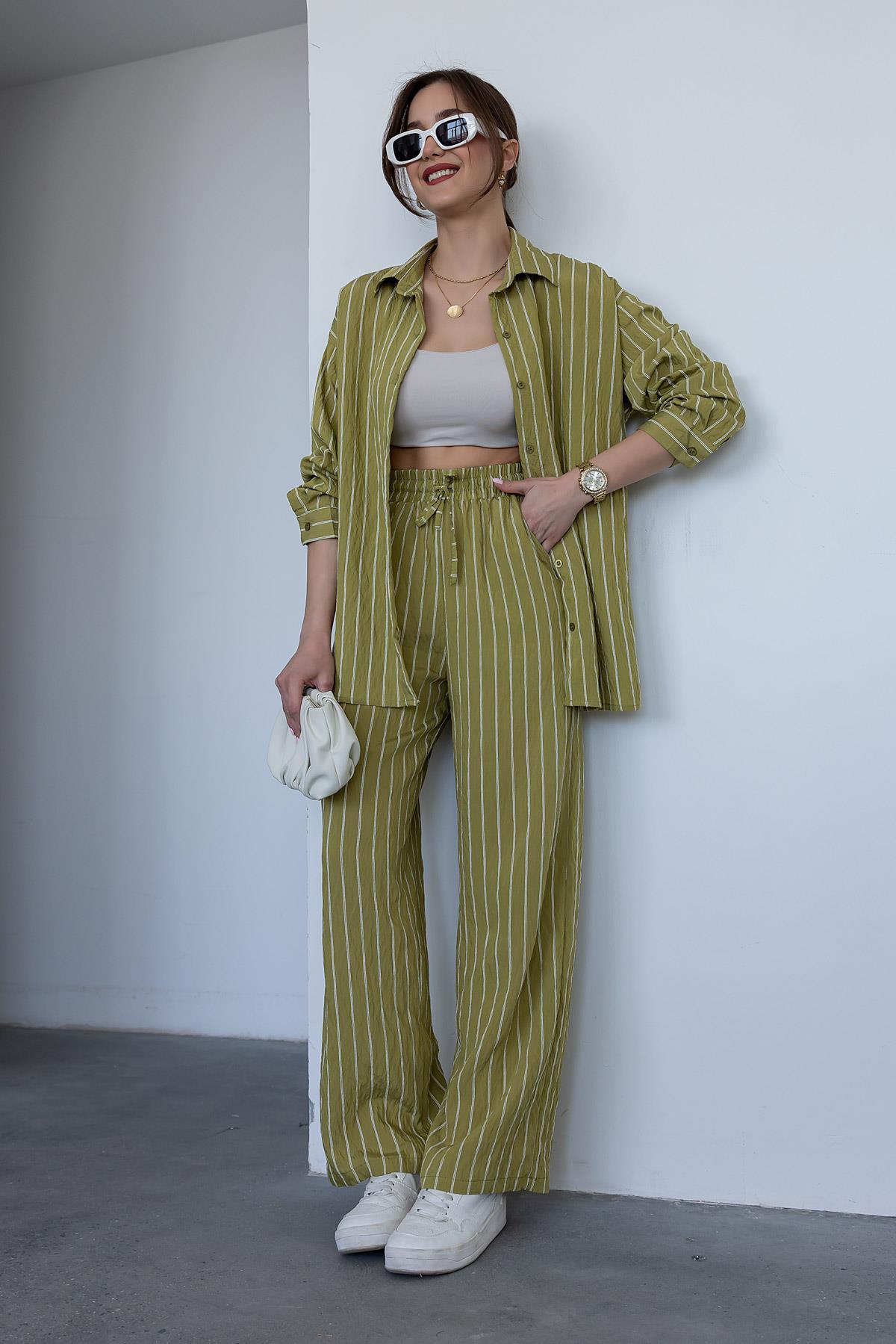 Dark Green Striped Suit - OIL GREEN