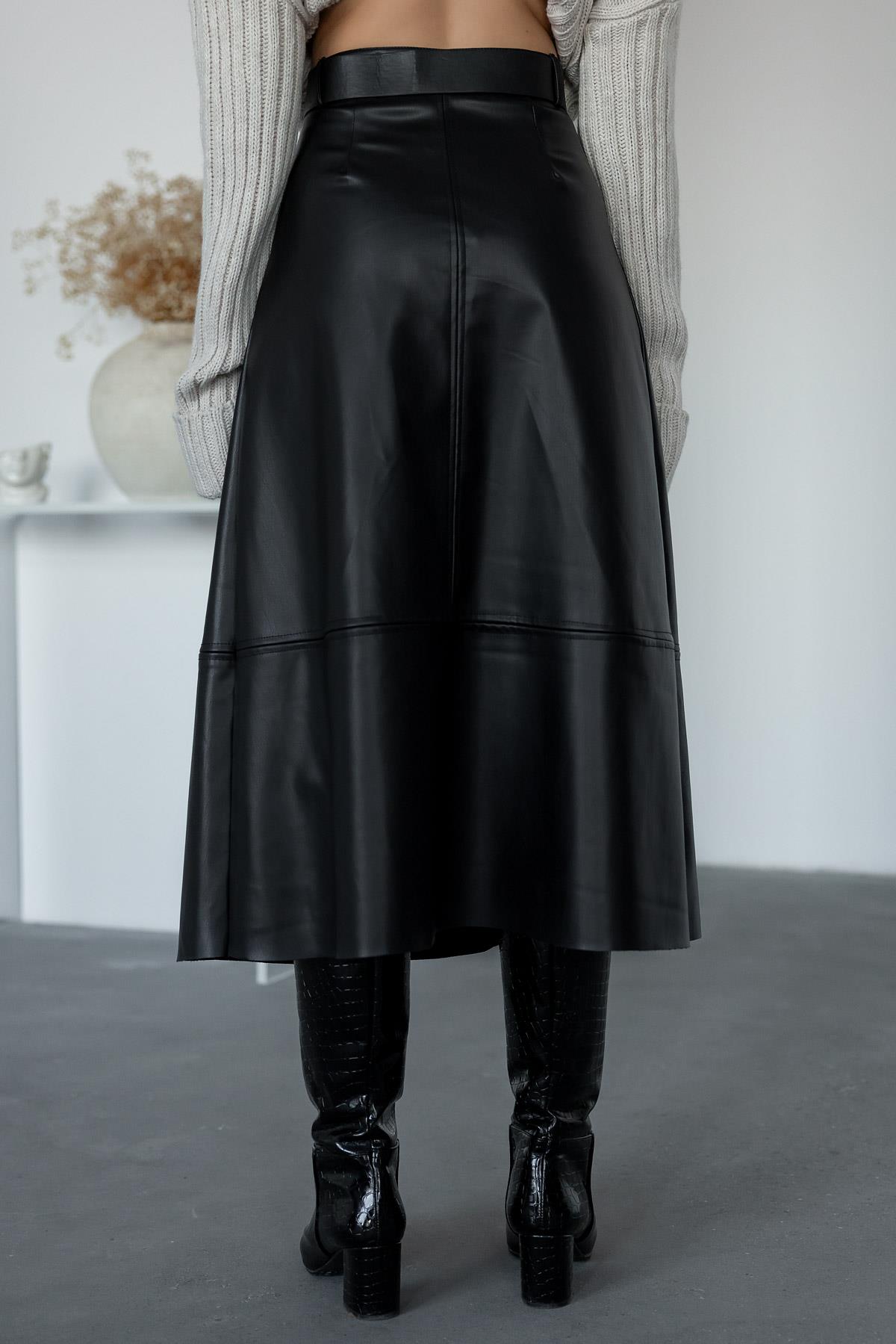 Belted Leather Long Skirt - BLACK