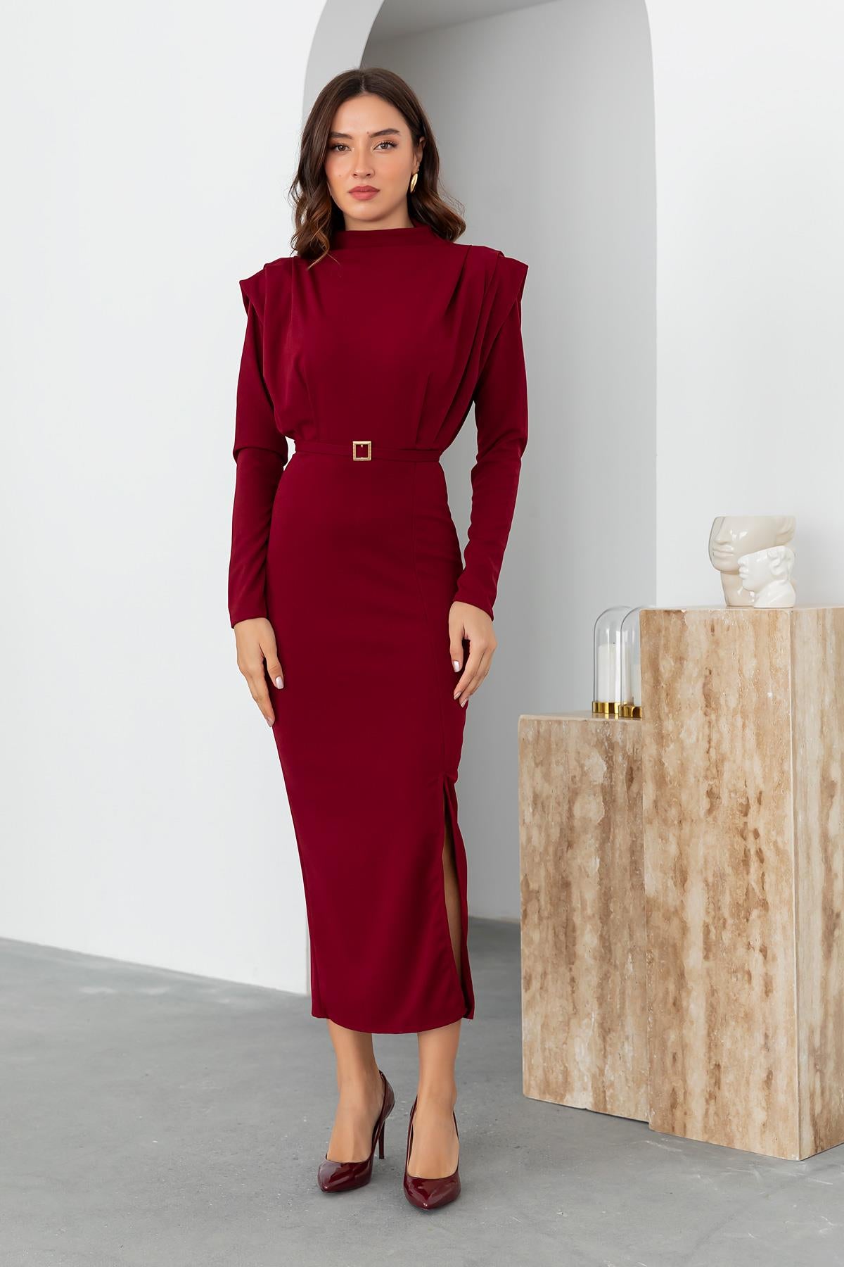 Shoulder Padded Belted Dress - CLARET RED