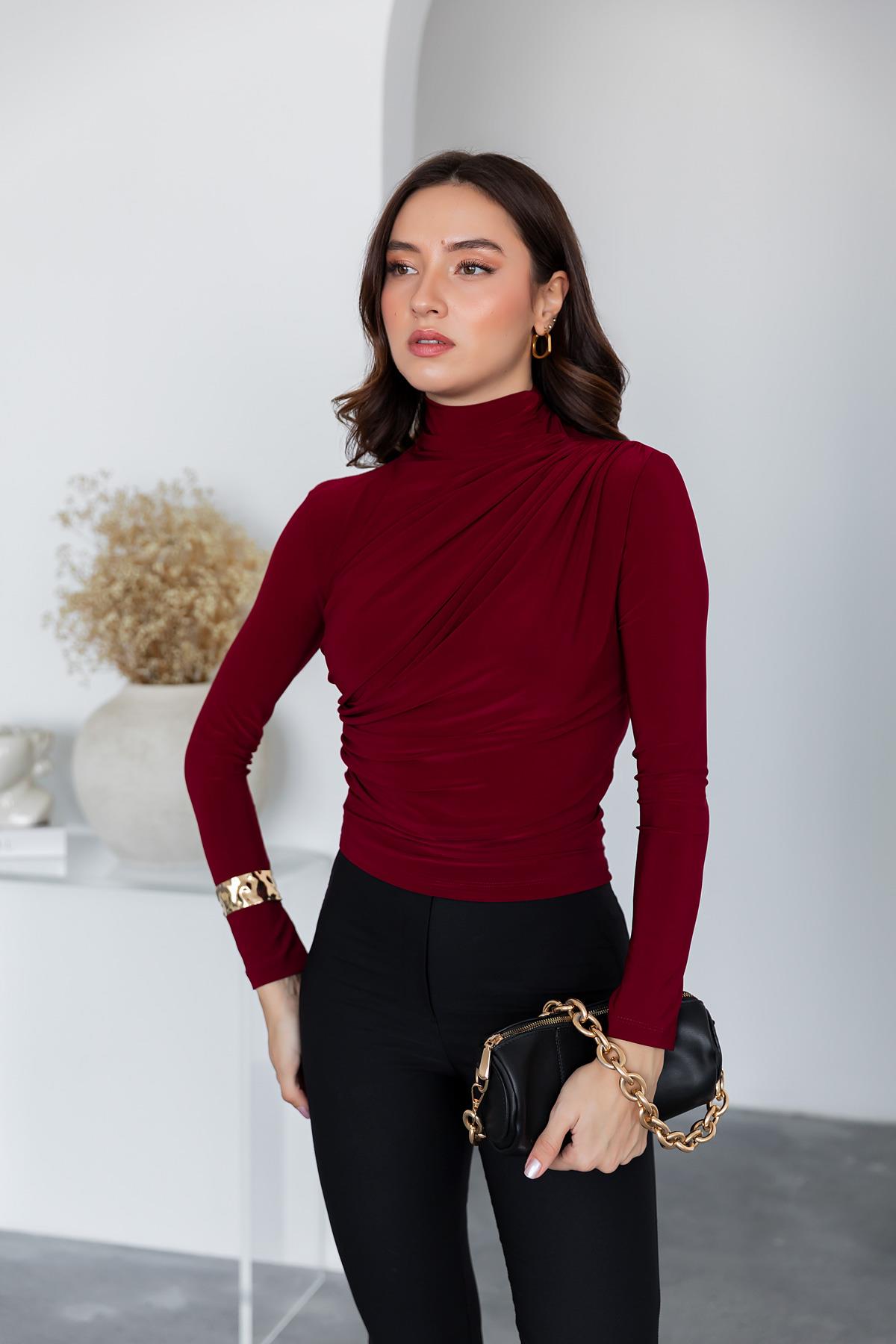 Draped Basic Blouse - CLARET RED