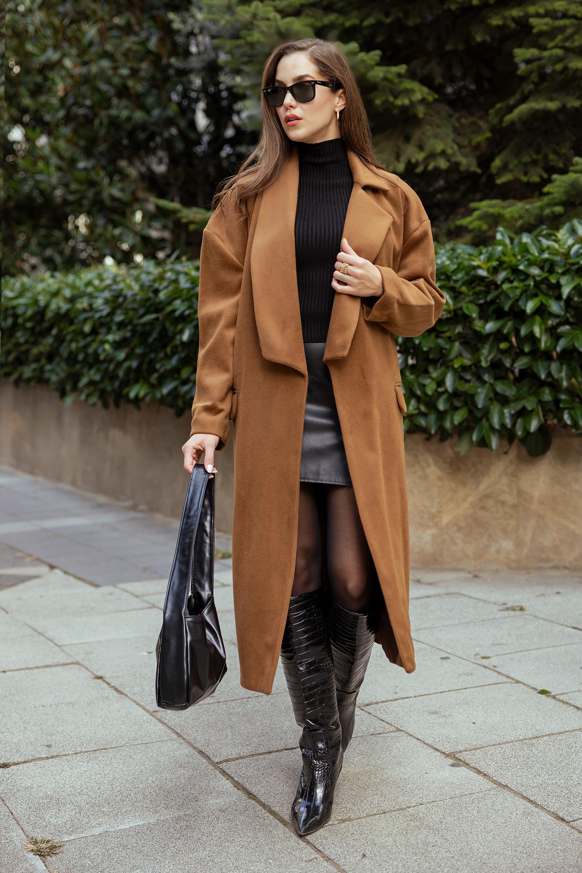 Long Belted Coat - BROWN