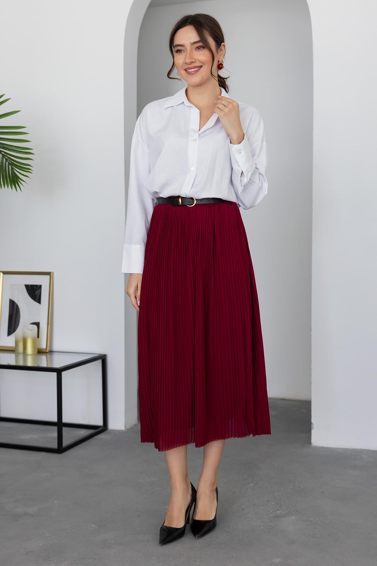 Pleated Belted Skirt - CLARET