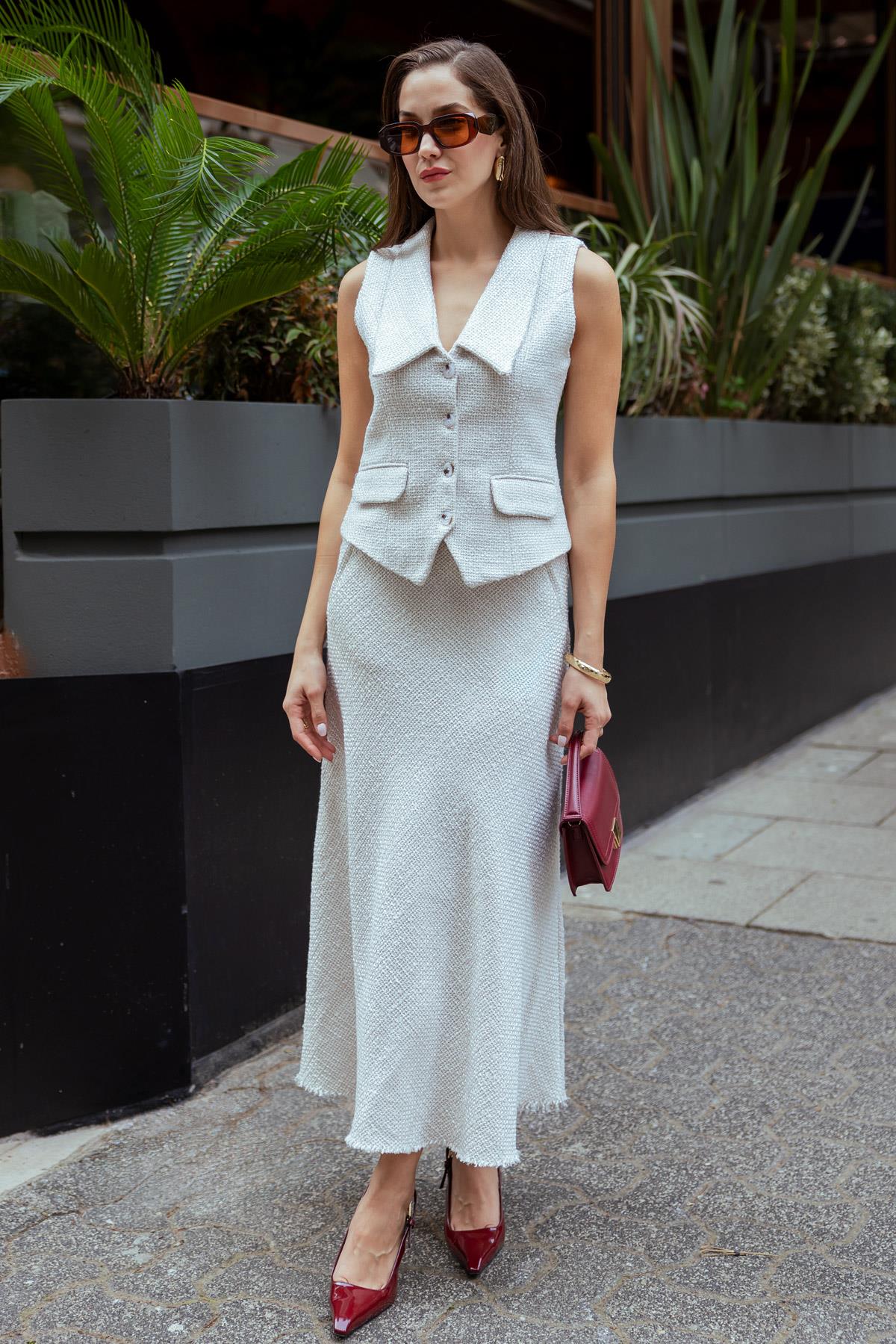 Long Skirted Tweed Suit - CREAM