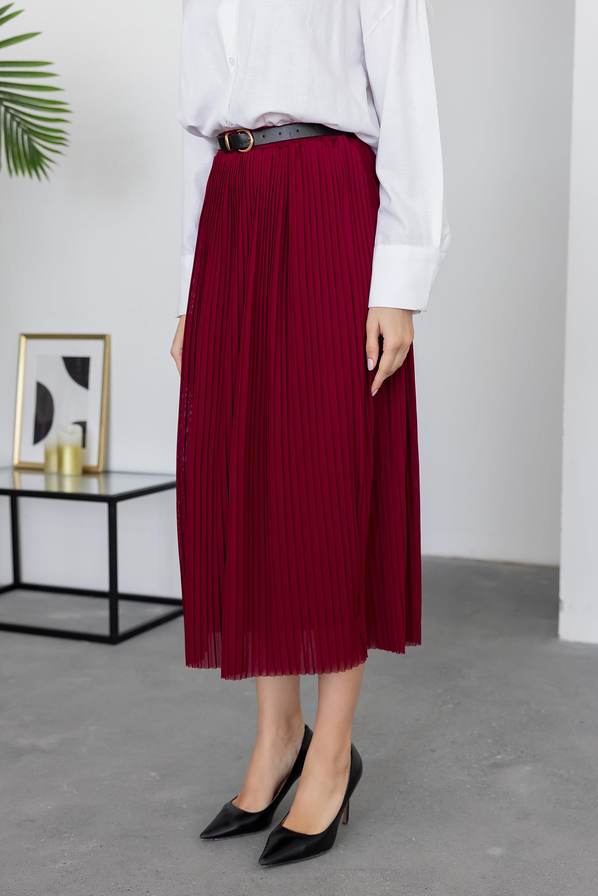 Pleated Belted Skirt - CLARET
