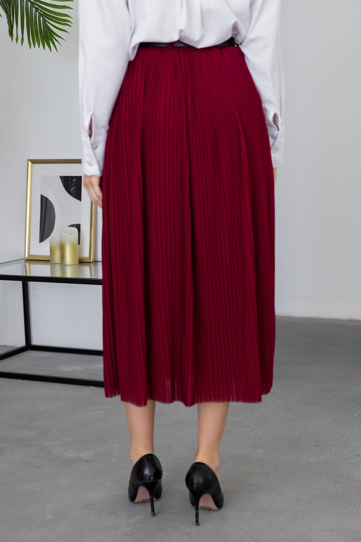 Pleated Belted Skirt - CLARET