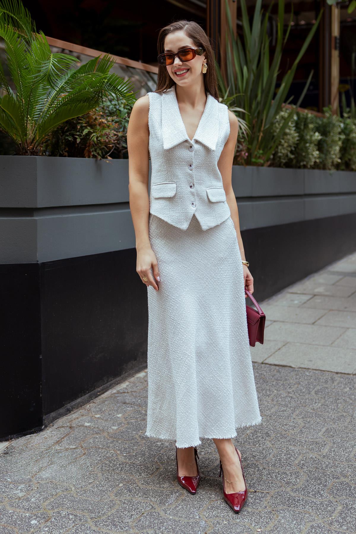 Long Skirted Tweed Suit - CREAM