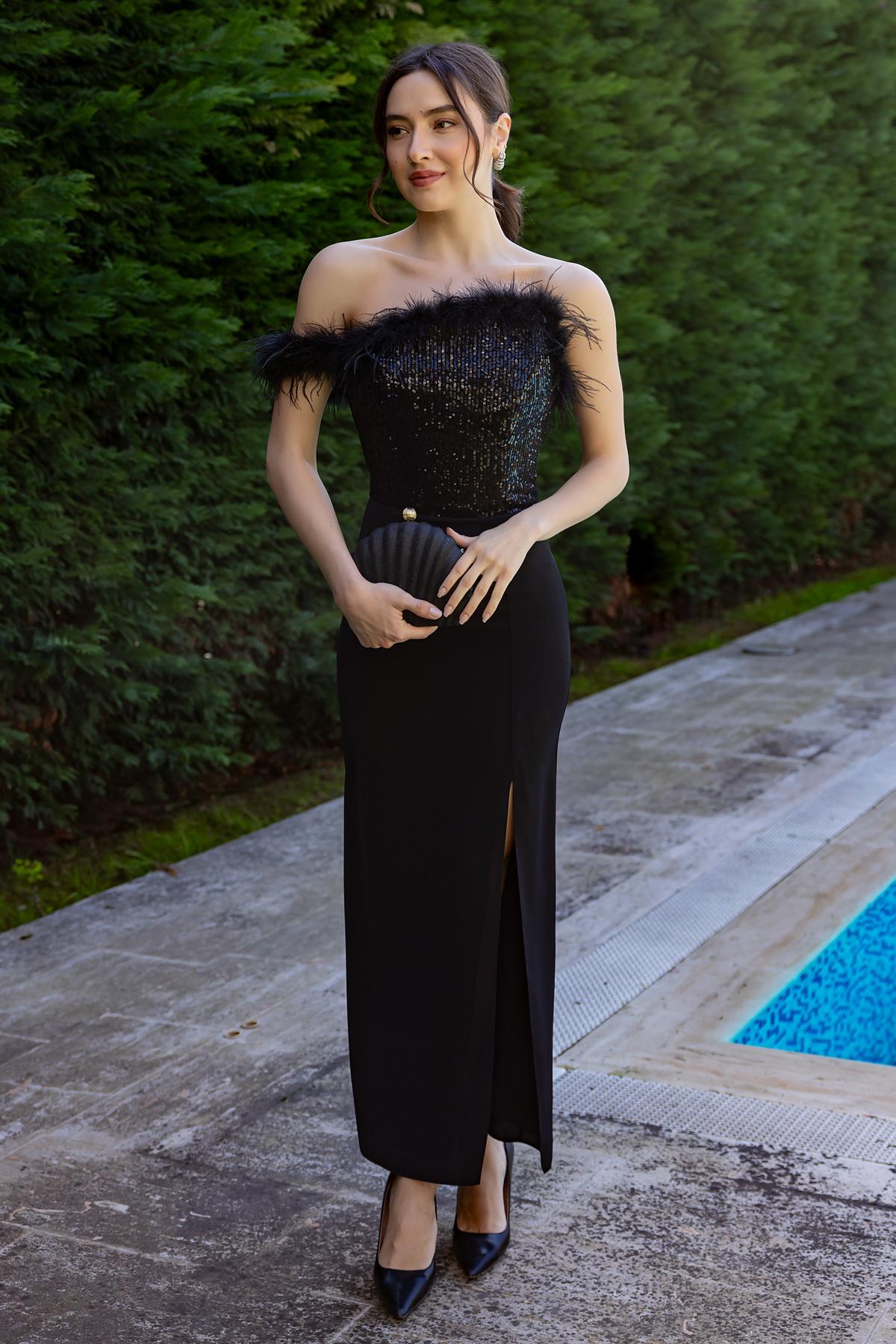 Chest Sequined Slit Evening Dress - BLACK