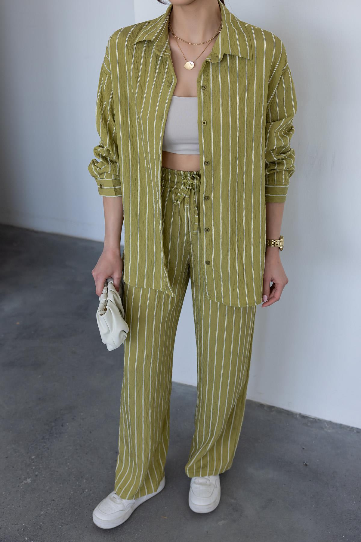 Dark Green Striped Suit - OIL GREEN