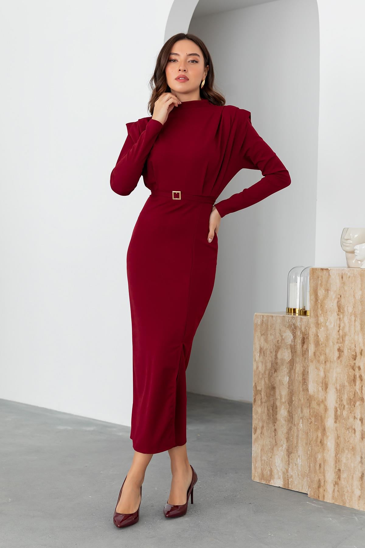 Shoulder Padded Belted Dress - CLARET RED