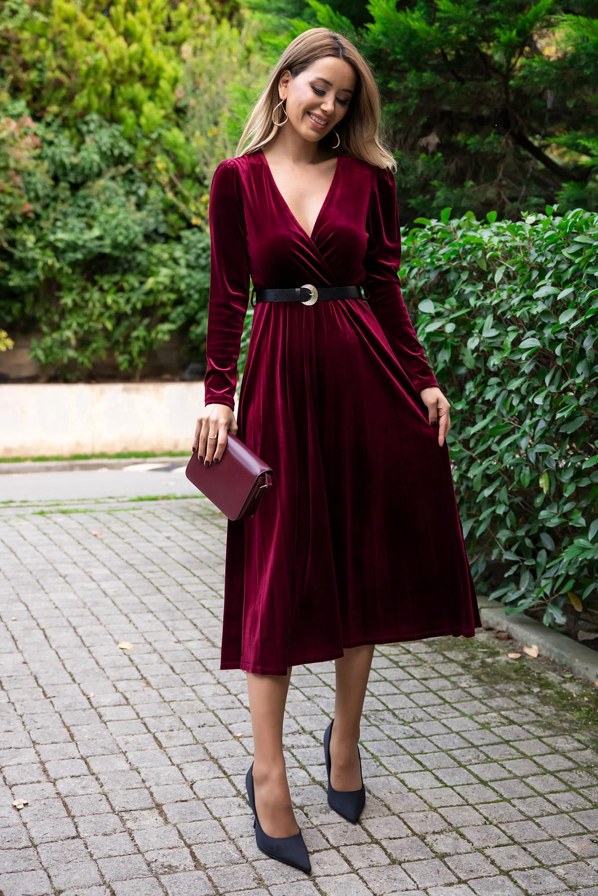 Belted Midi Velvet Dress - CLARET RED