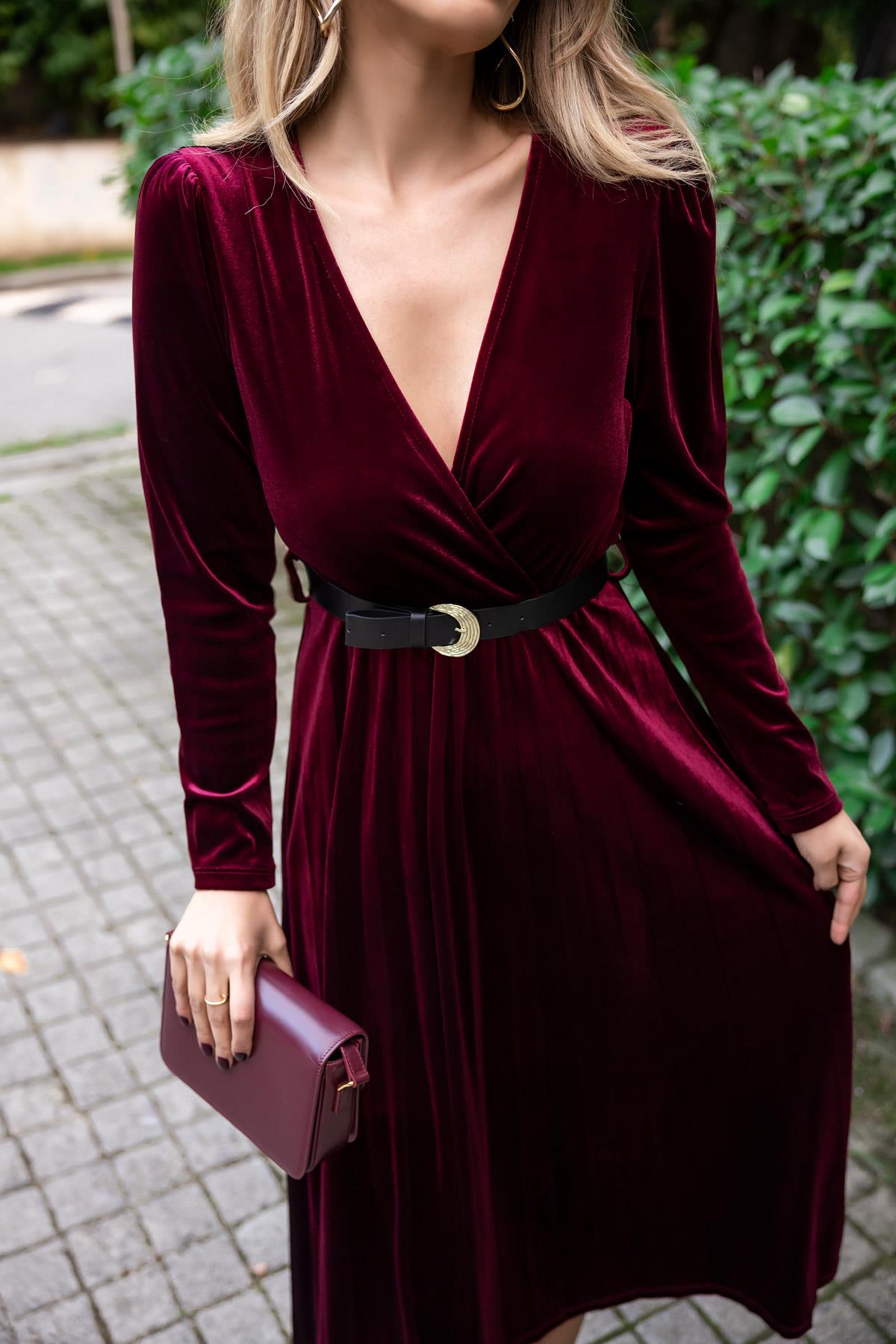 Belted Midi Velvet Dress - CLARET RED