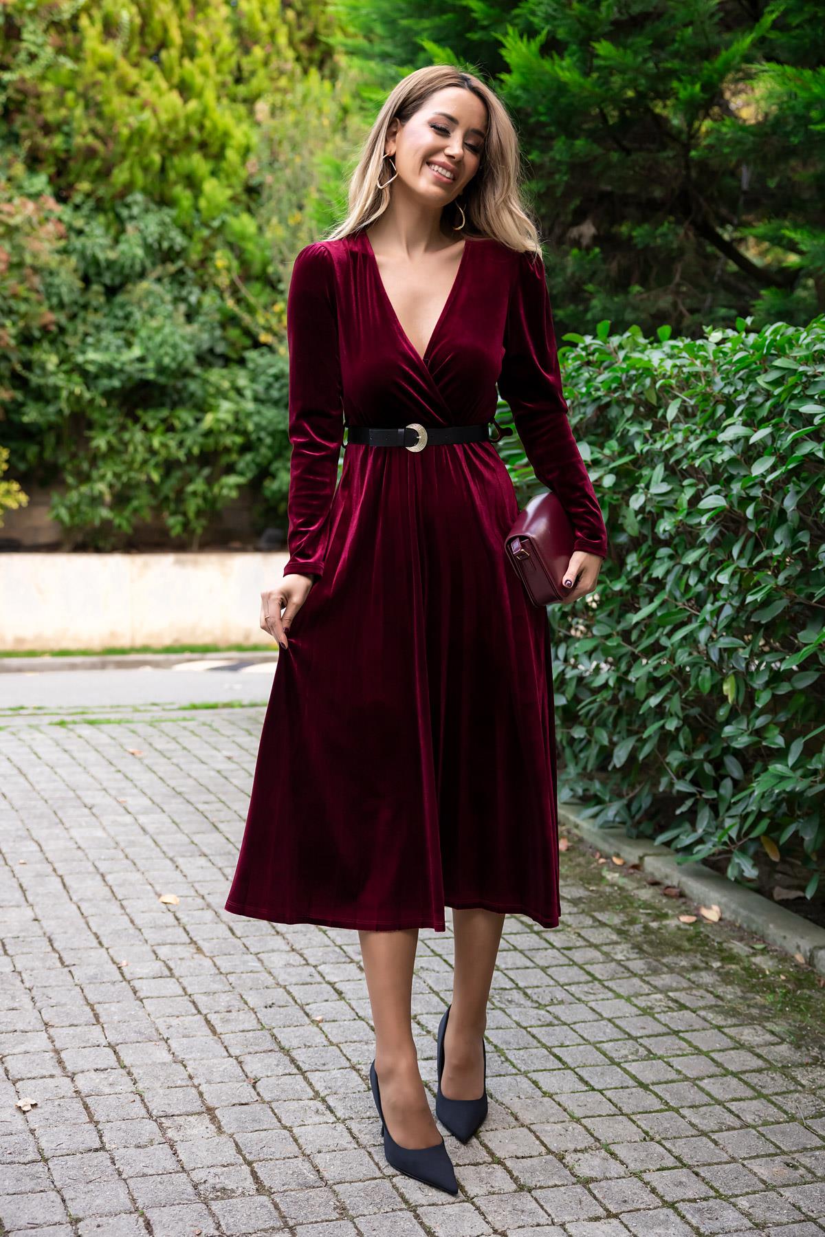 Belted Midi Velvet Dress - CLARET RED