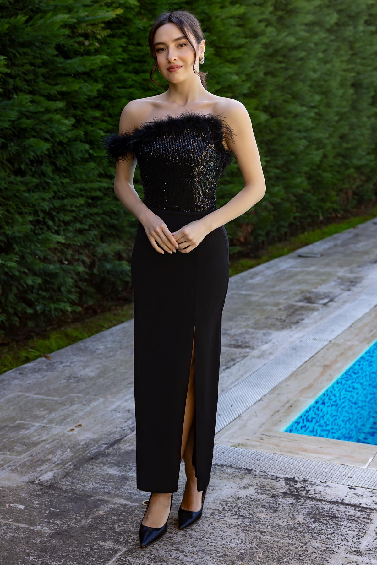 Chest Sequined Slit Evening Dress - BLACK