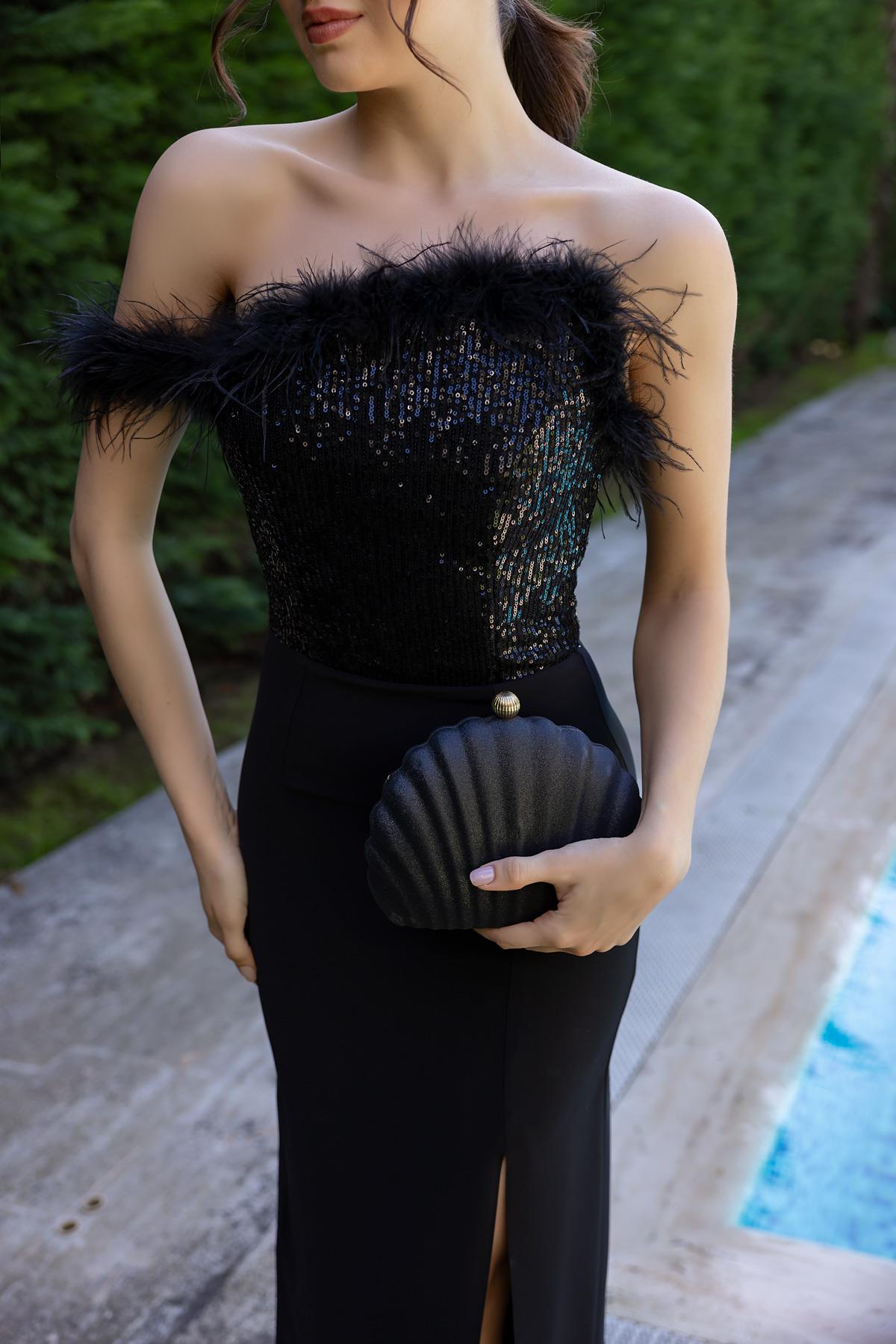 Chest Sequined Slit Evening Dress - BLACK