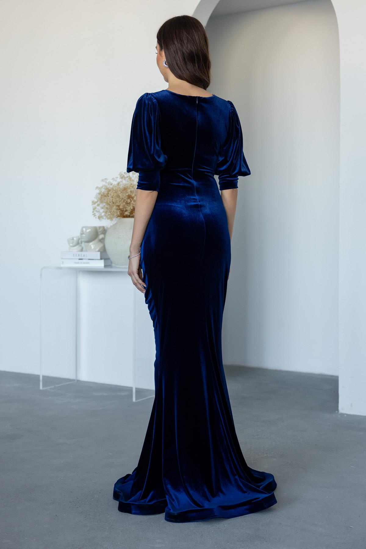 Double-breasted Velvet Evening Dress - NAVY BLUE